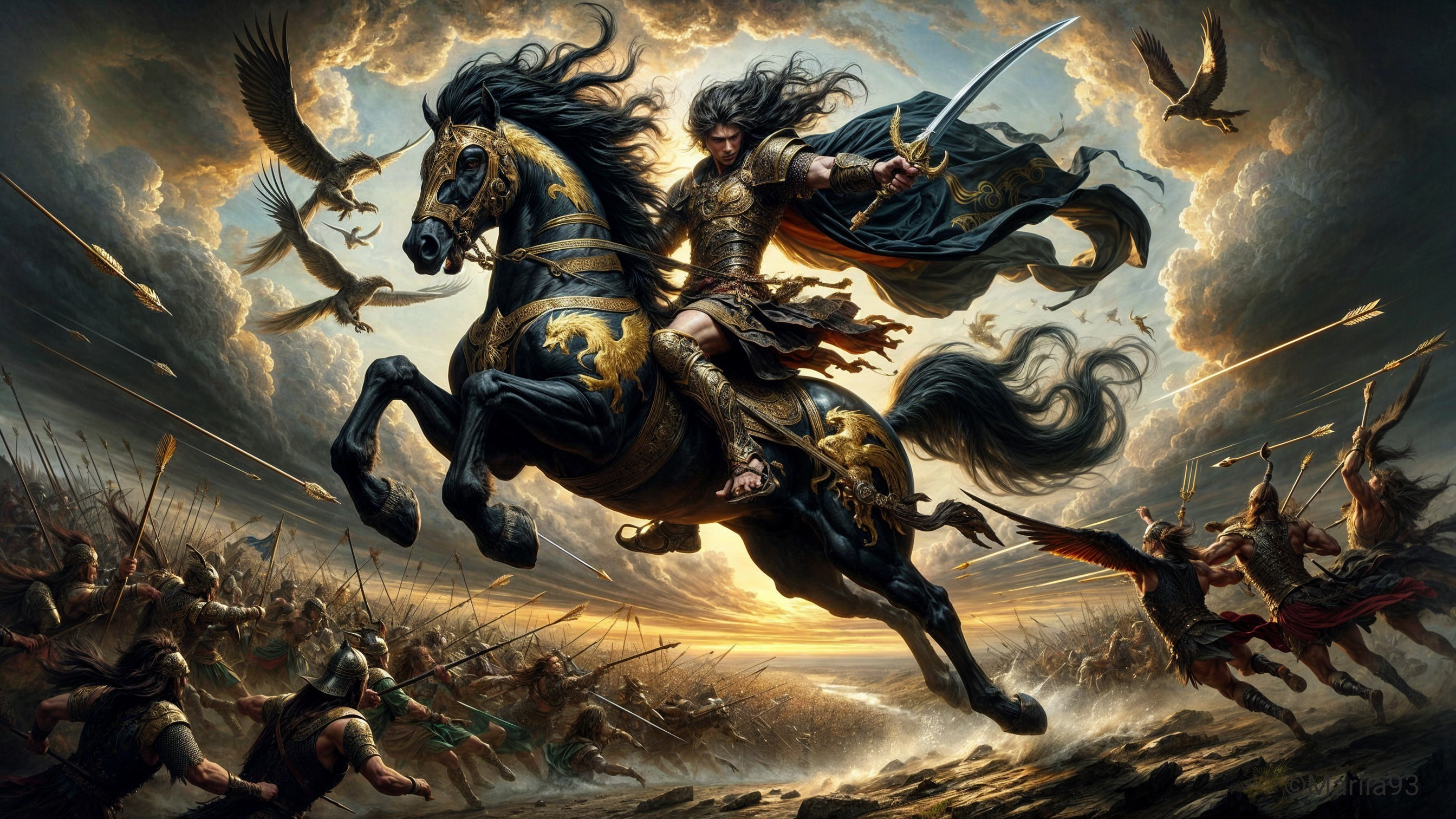 Heroic Figure on Black Horse in Stormy Battle Scene