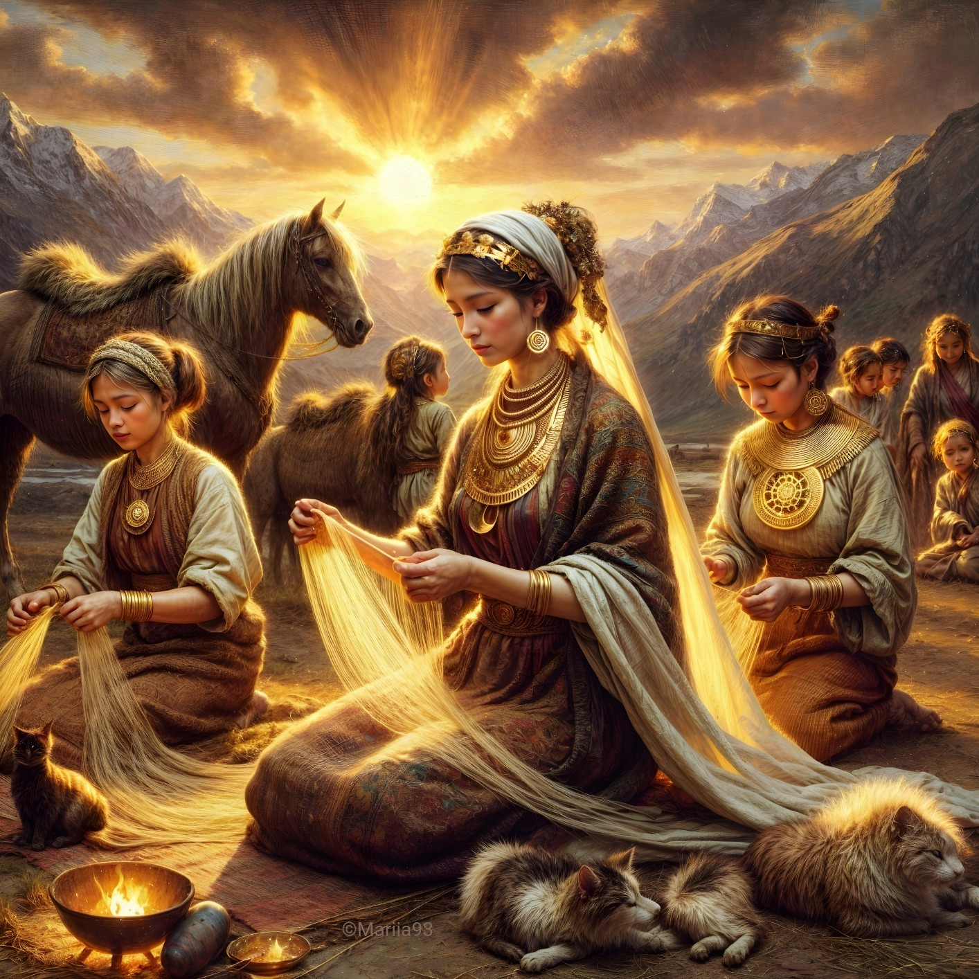 Women Weaving in Serene Mountain Sunrise Setting