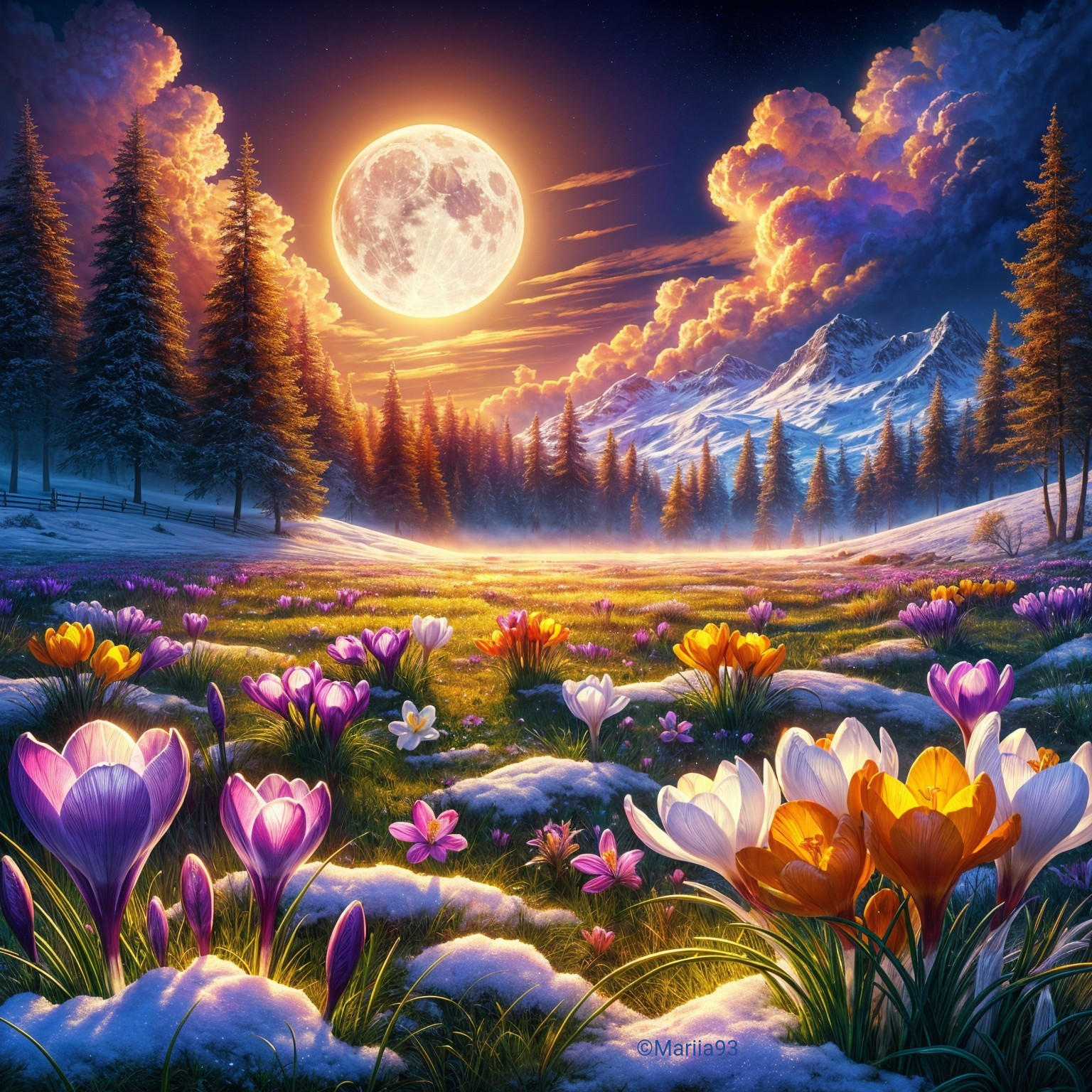 Serene Meadow with Spring Flowers Under Full Moon
