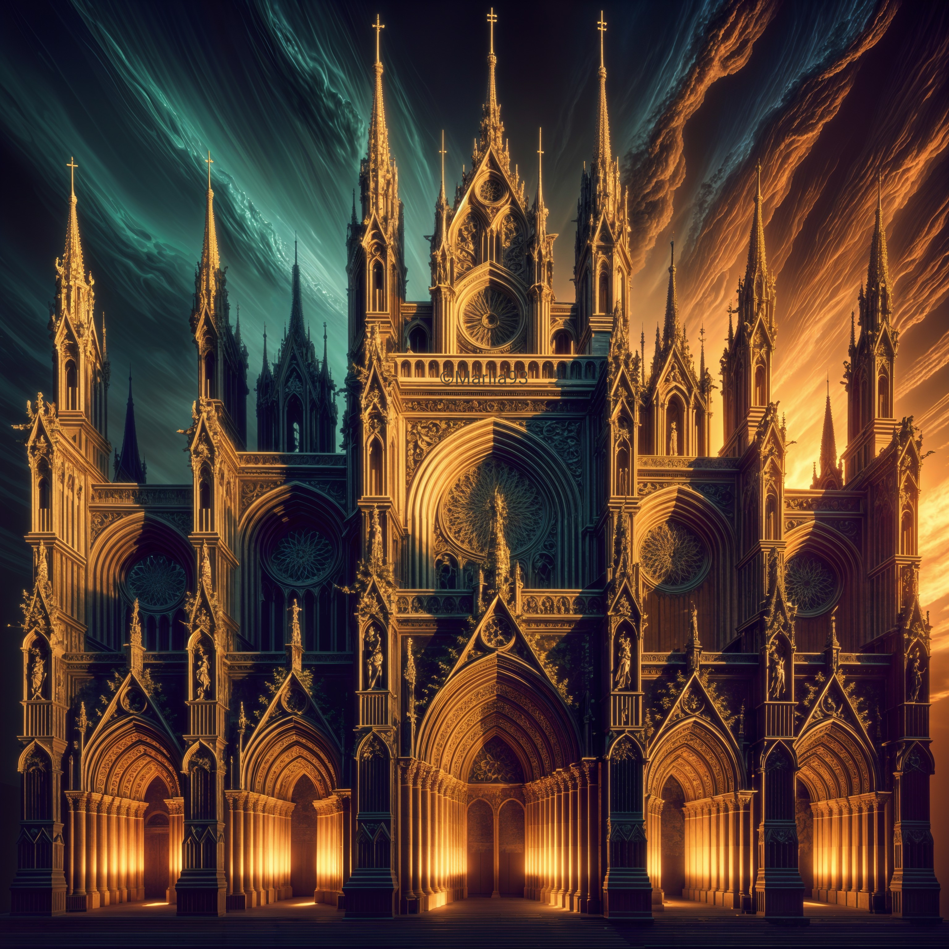 Gothic Cathedral with Spires and Dramatic Lighting