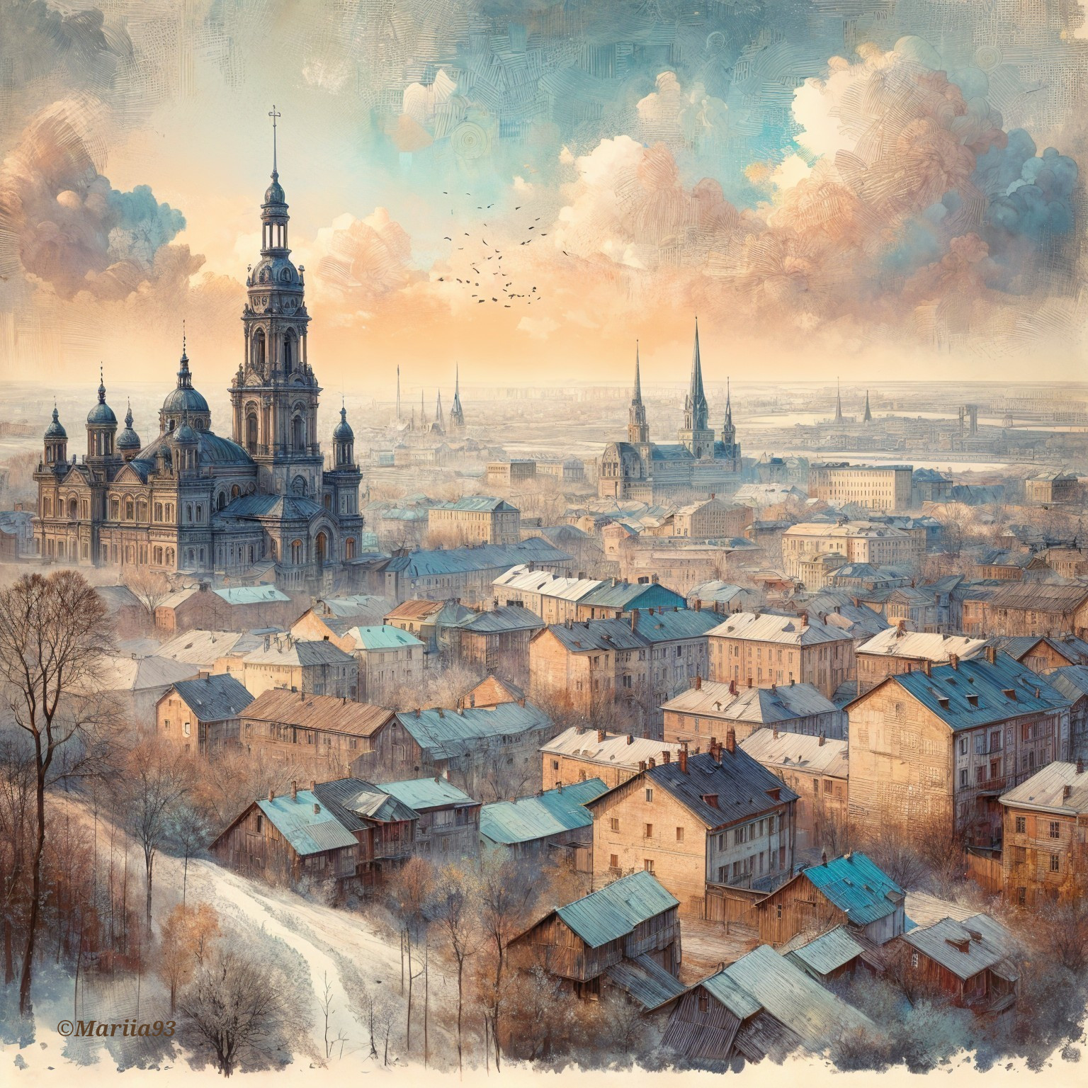 Enchanting Cityscape at Dawn with Historic and Modern Elements