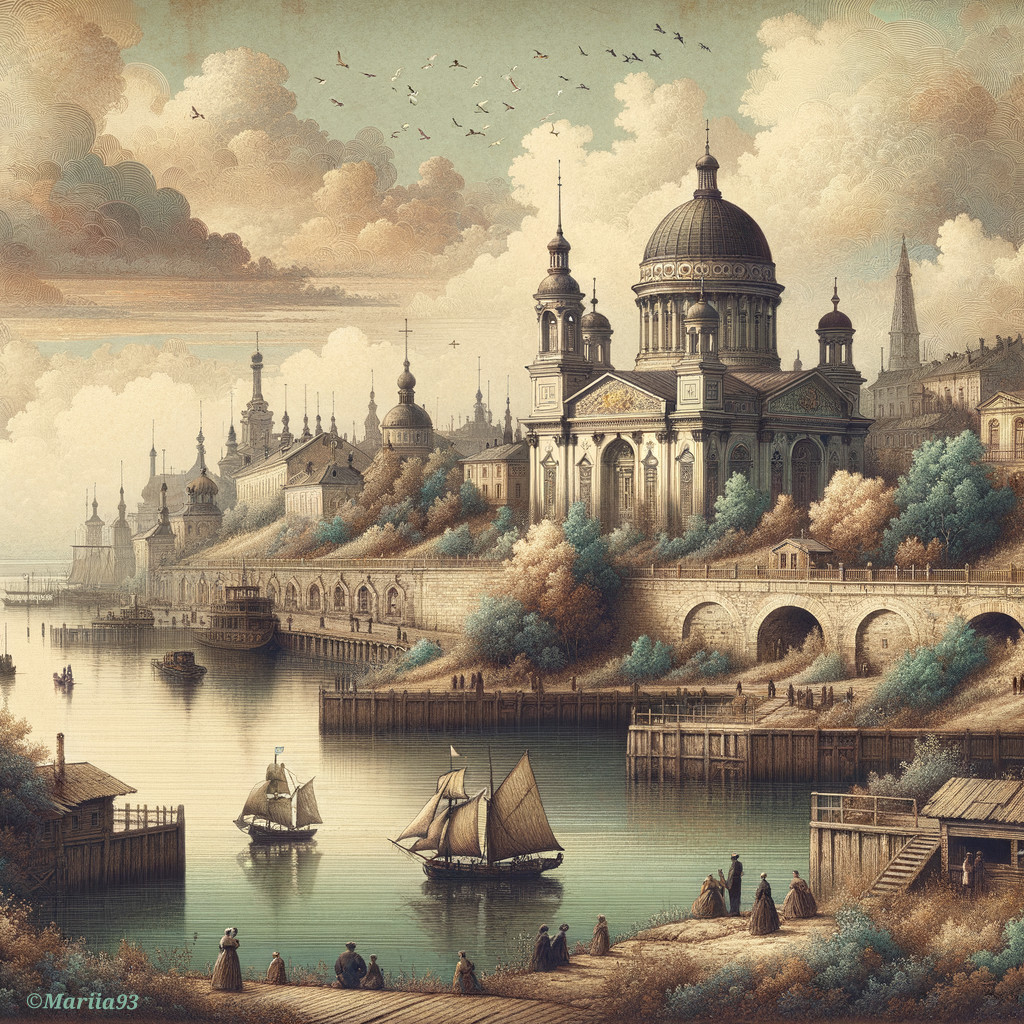 Riverside Scene with Cathedral and Traditional Architecture