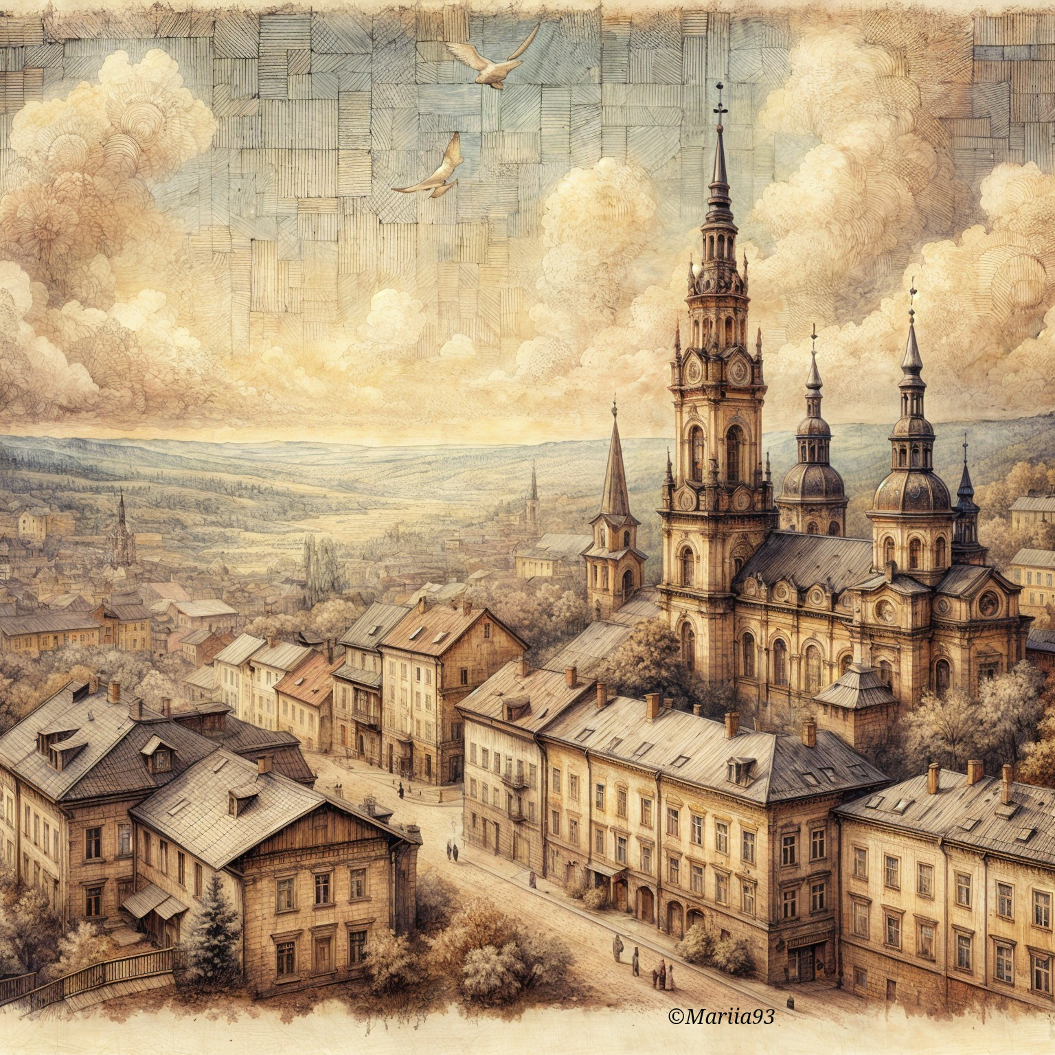 Picturesque Town with Quaint Houses and Church Spires