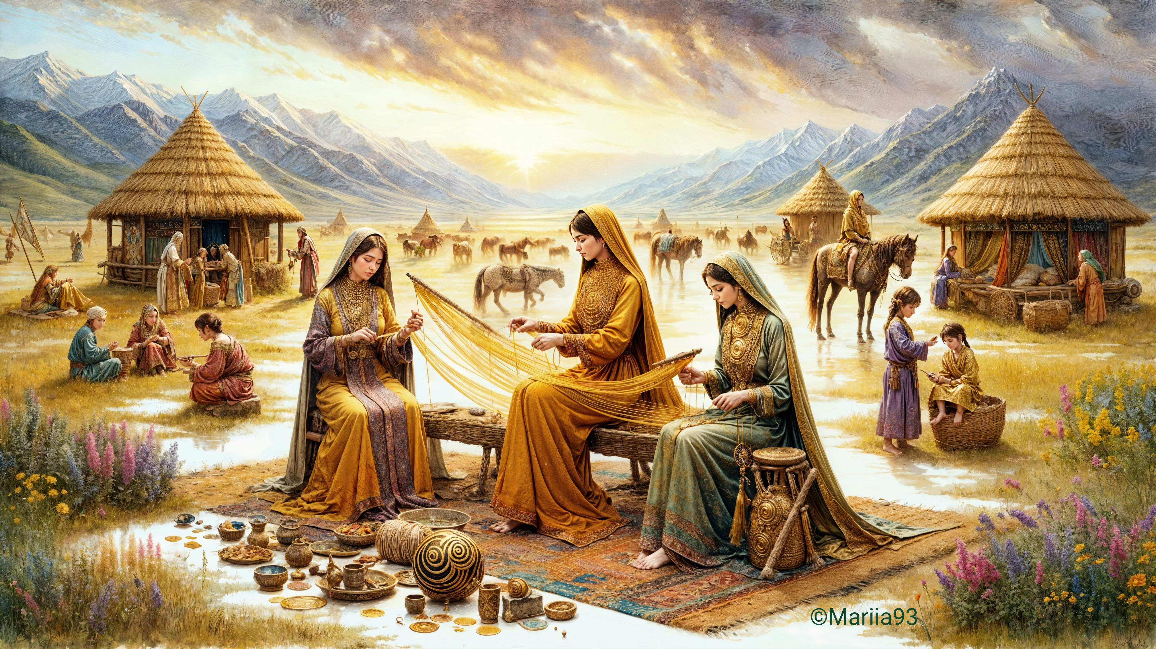 Women Weaving in a Vibrant Valley Scene with Villagers