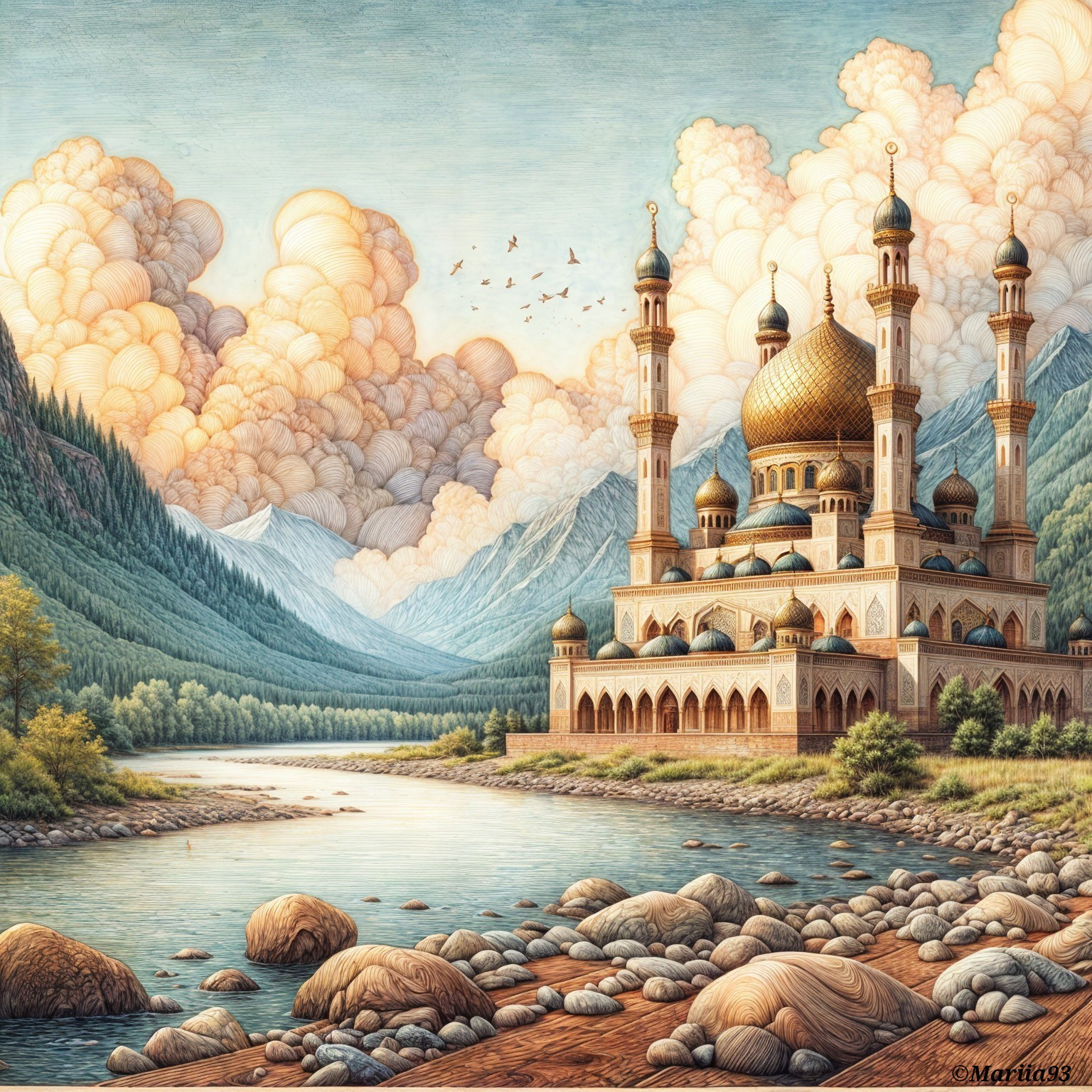 Majestic Palace with Golden Domes and Lush Mountains