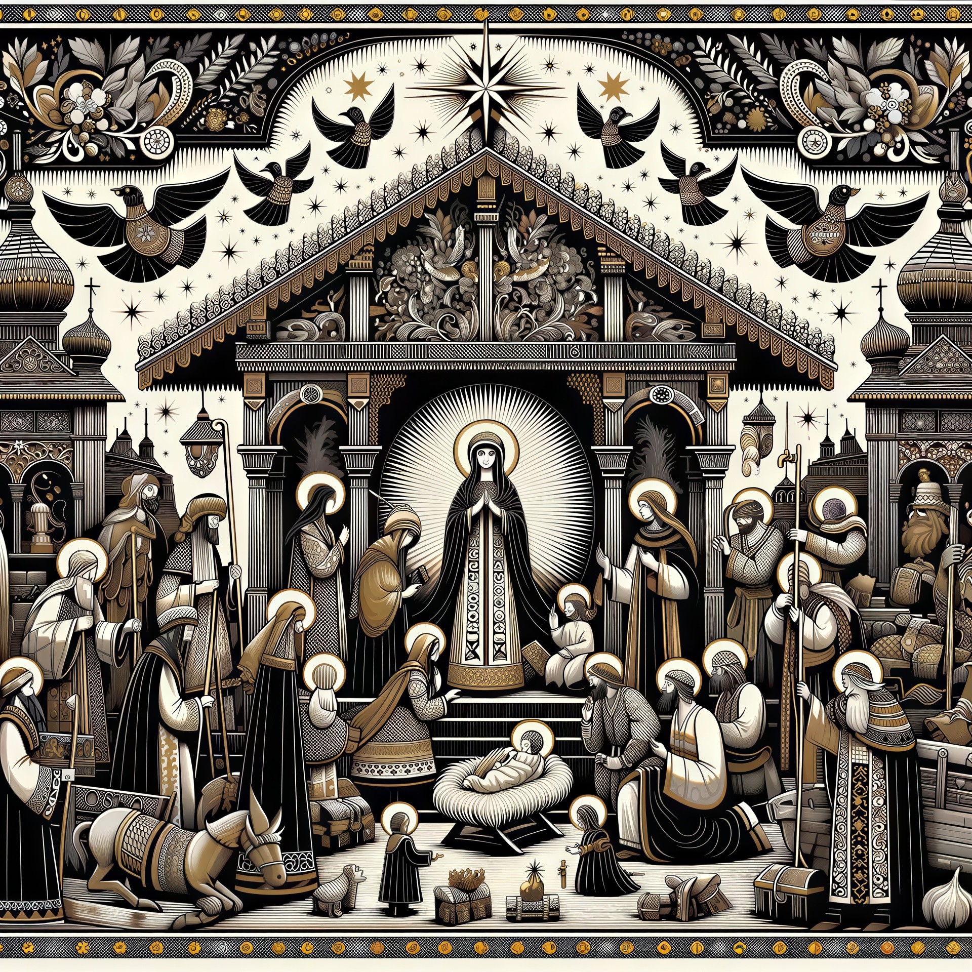 Intricate Slavic Folk Art Nativity Scene Illustration