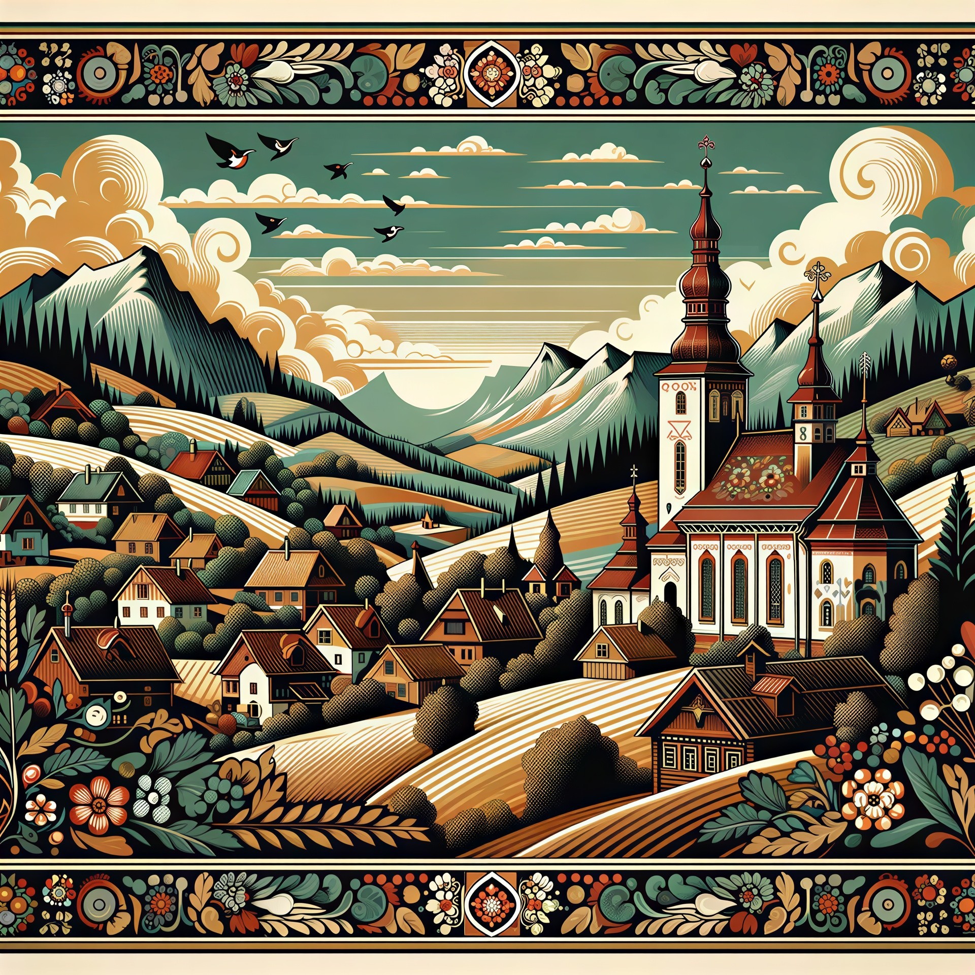 Folk Art Painting of Mountainous Village Landscape