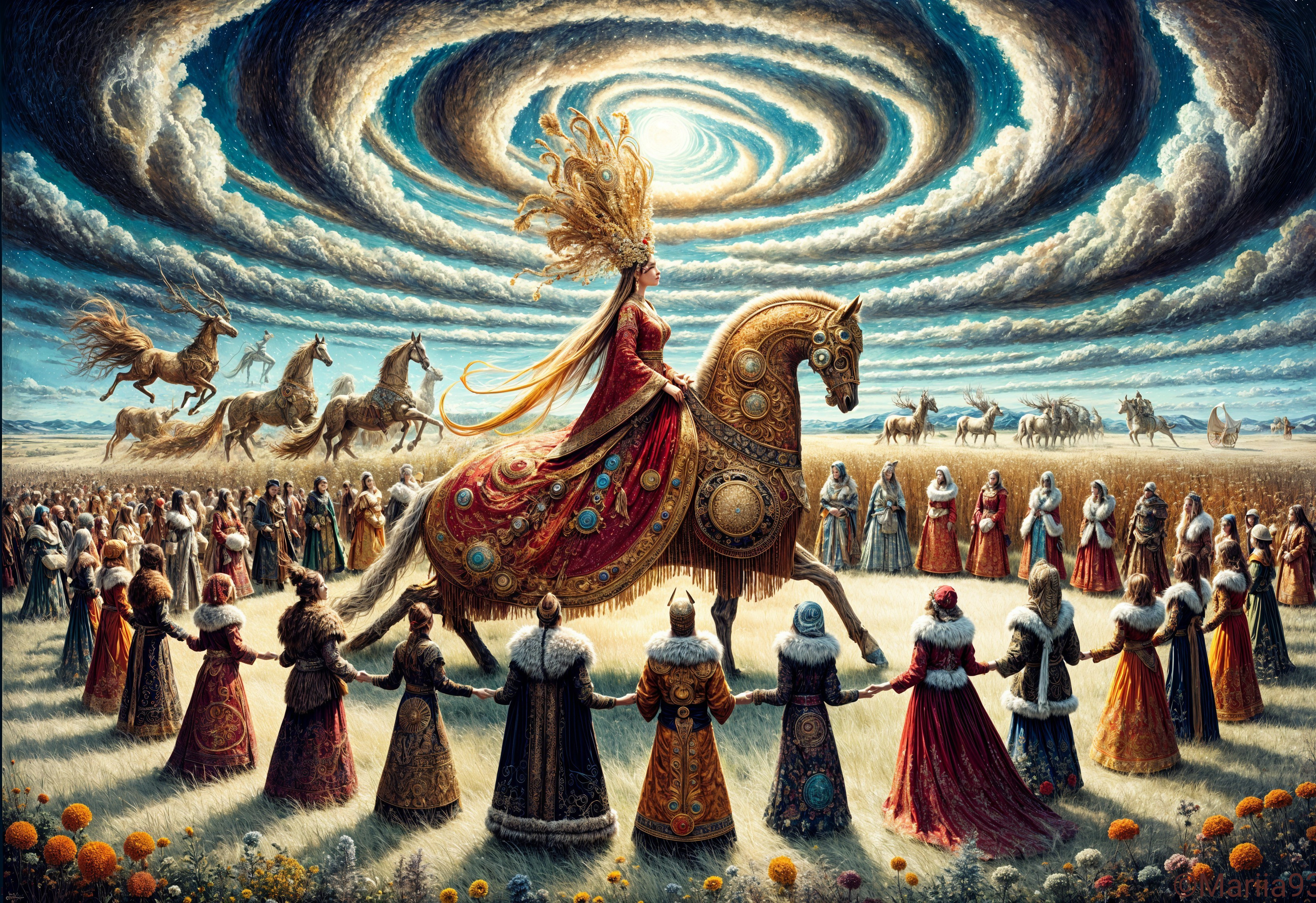 Majestic figure on golden horse in mystical scene