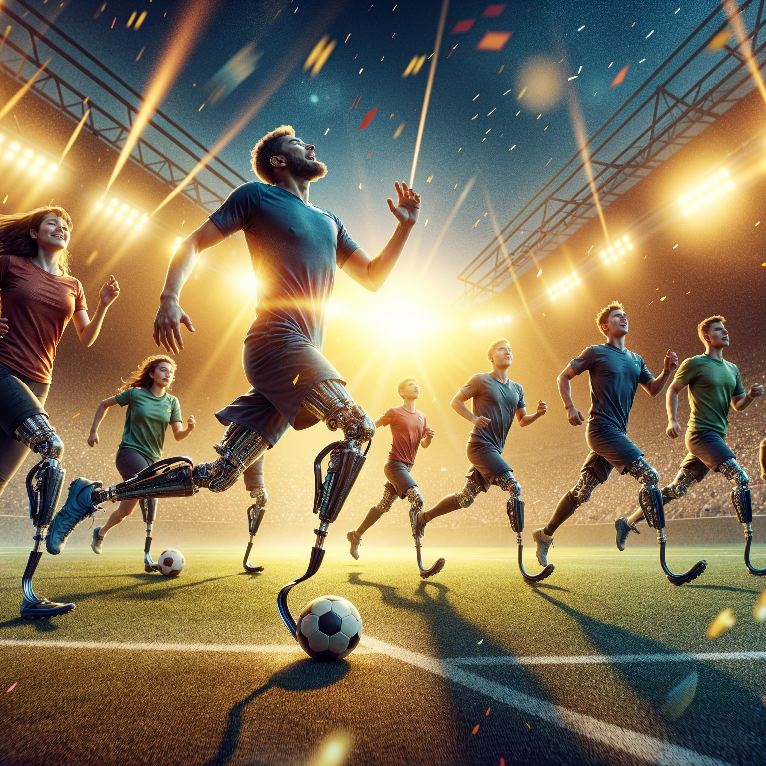 Diverse Athletes with Prosthetic Legs Competing on Field