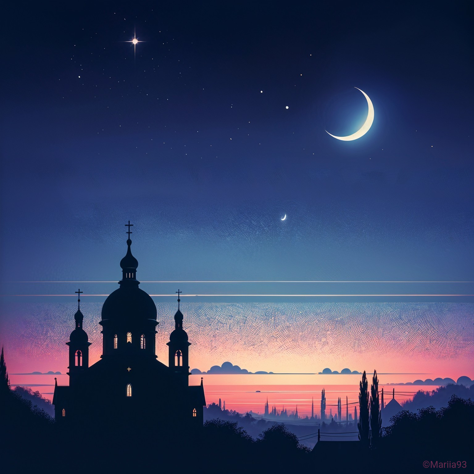 Serene Sunset with Church Silhouette and Starry Sky