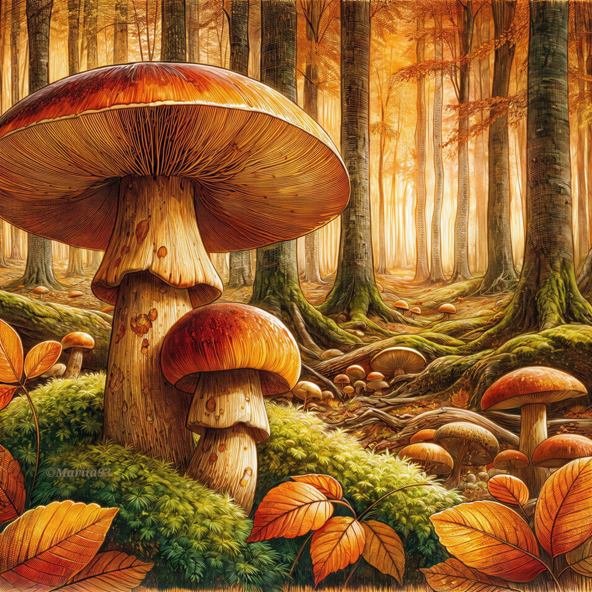 Autumn Forest Scene with Mushrooms and Foliage