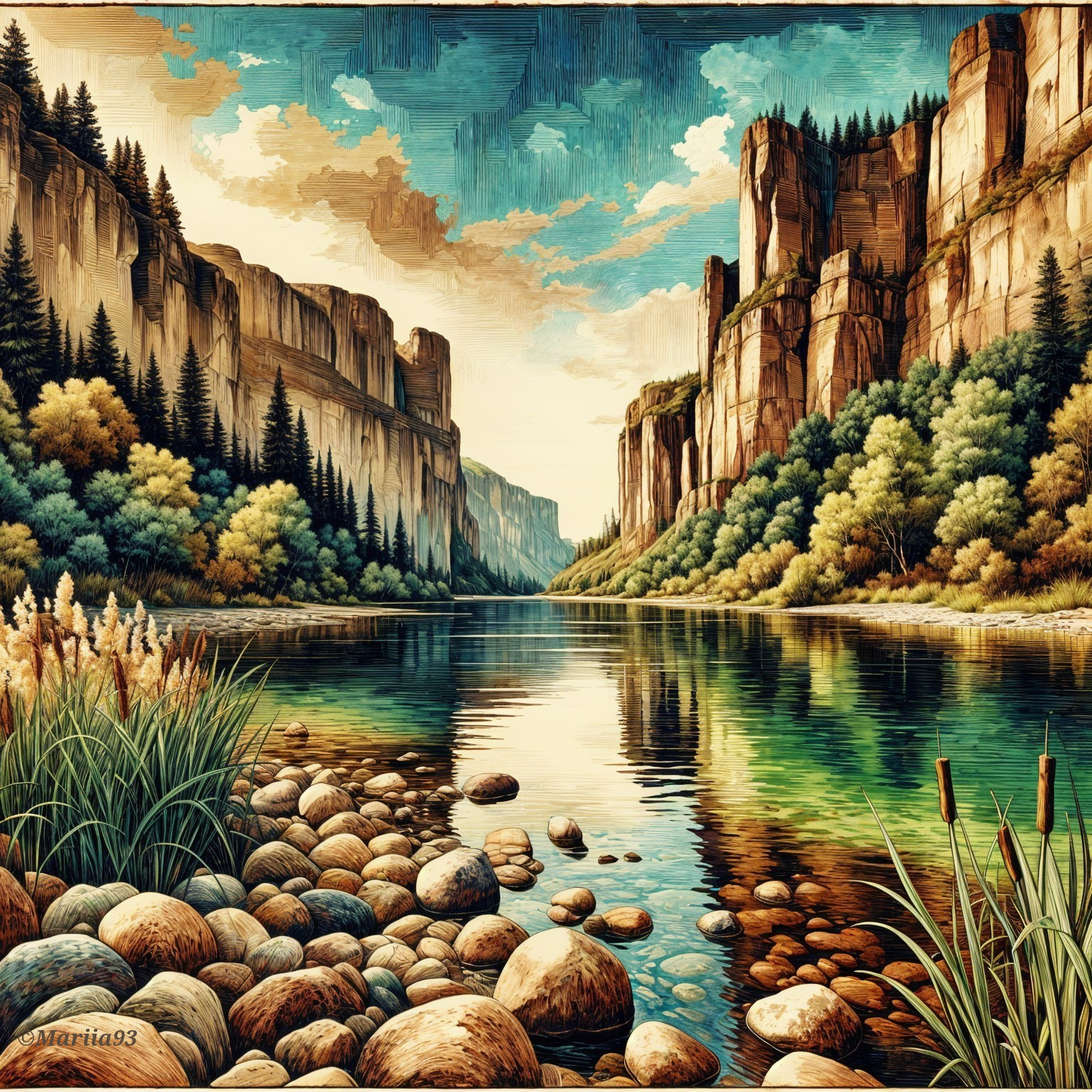 Serene Landscape with River and Towering Cliffs