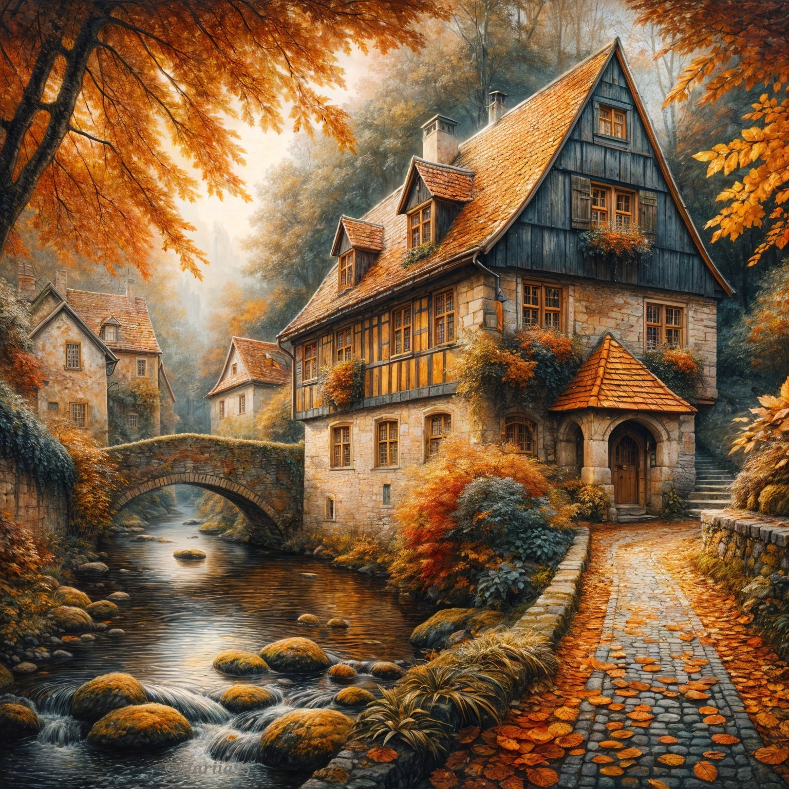 Stone Cottage by River Surrounded by Autumn Foliage