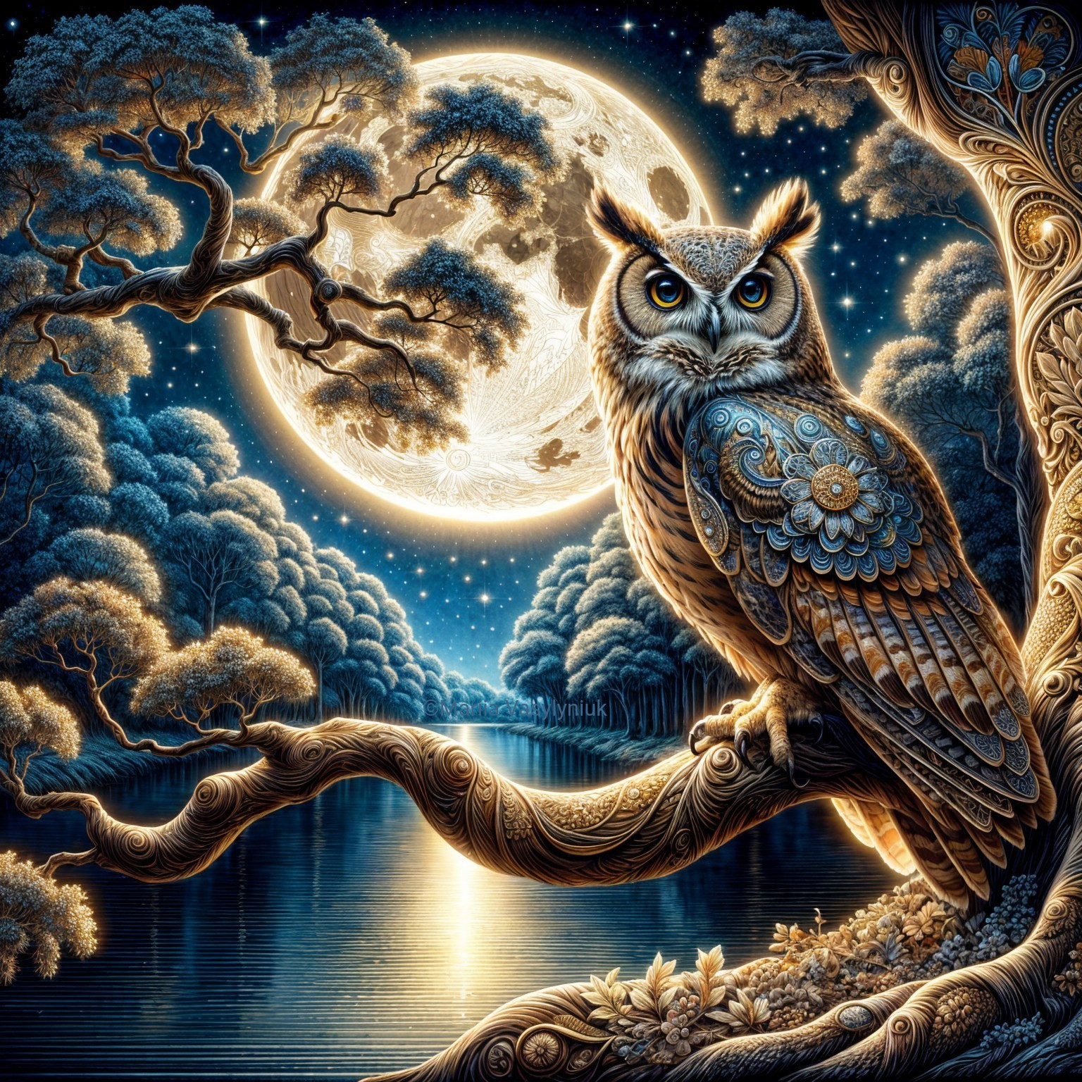 Owl on Branch Under Moonlight in Starry Night Sky