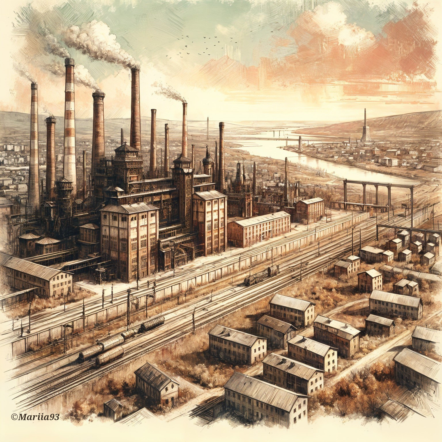 Industrial Complex with Smokestacks and Train Tracks