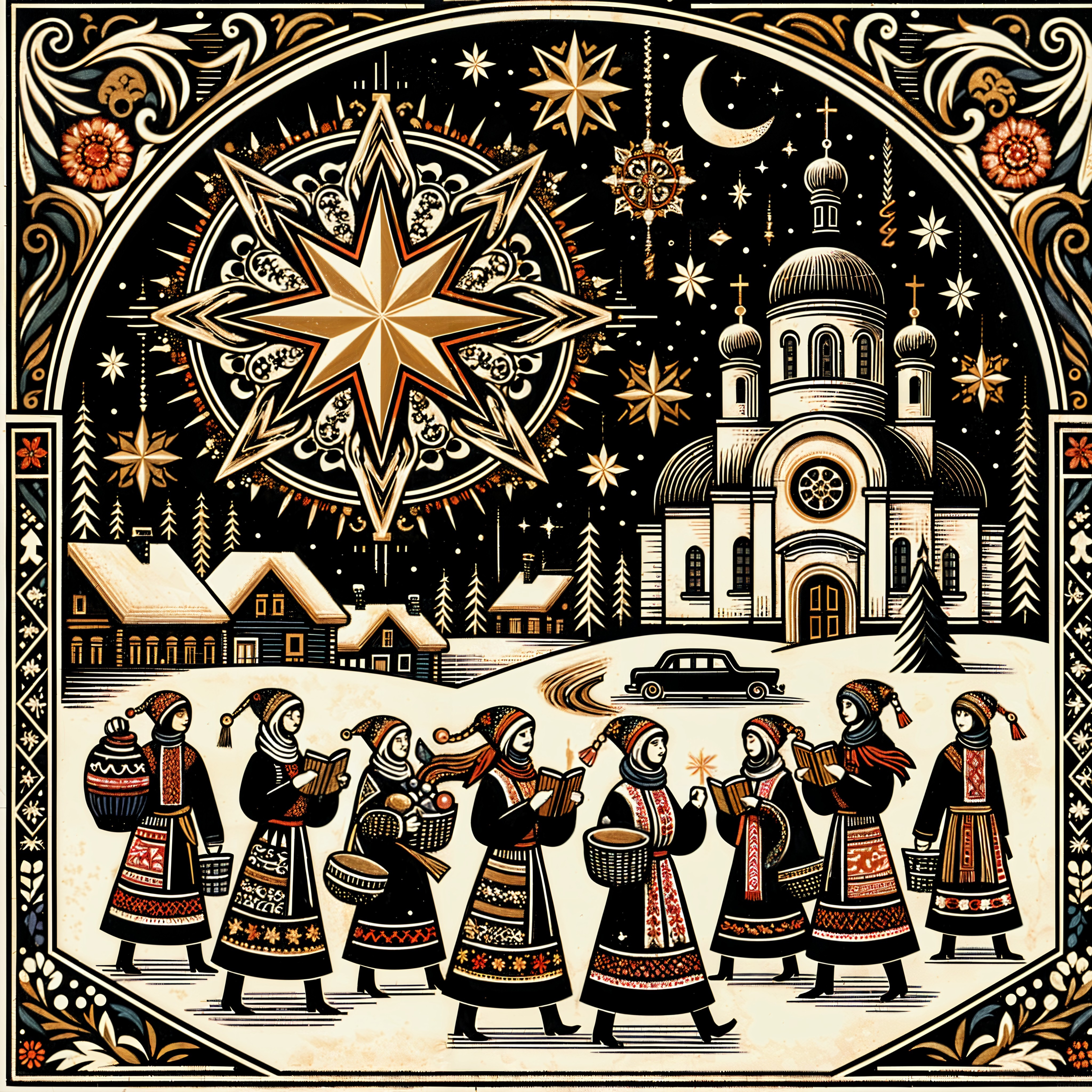 Night Sky Scene with Church, People, and Floral Border