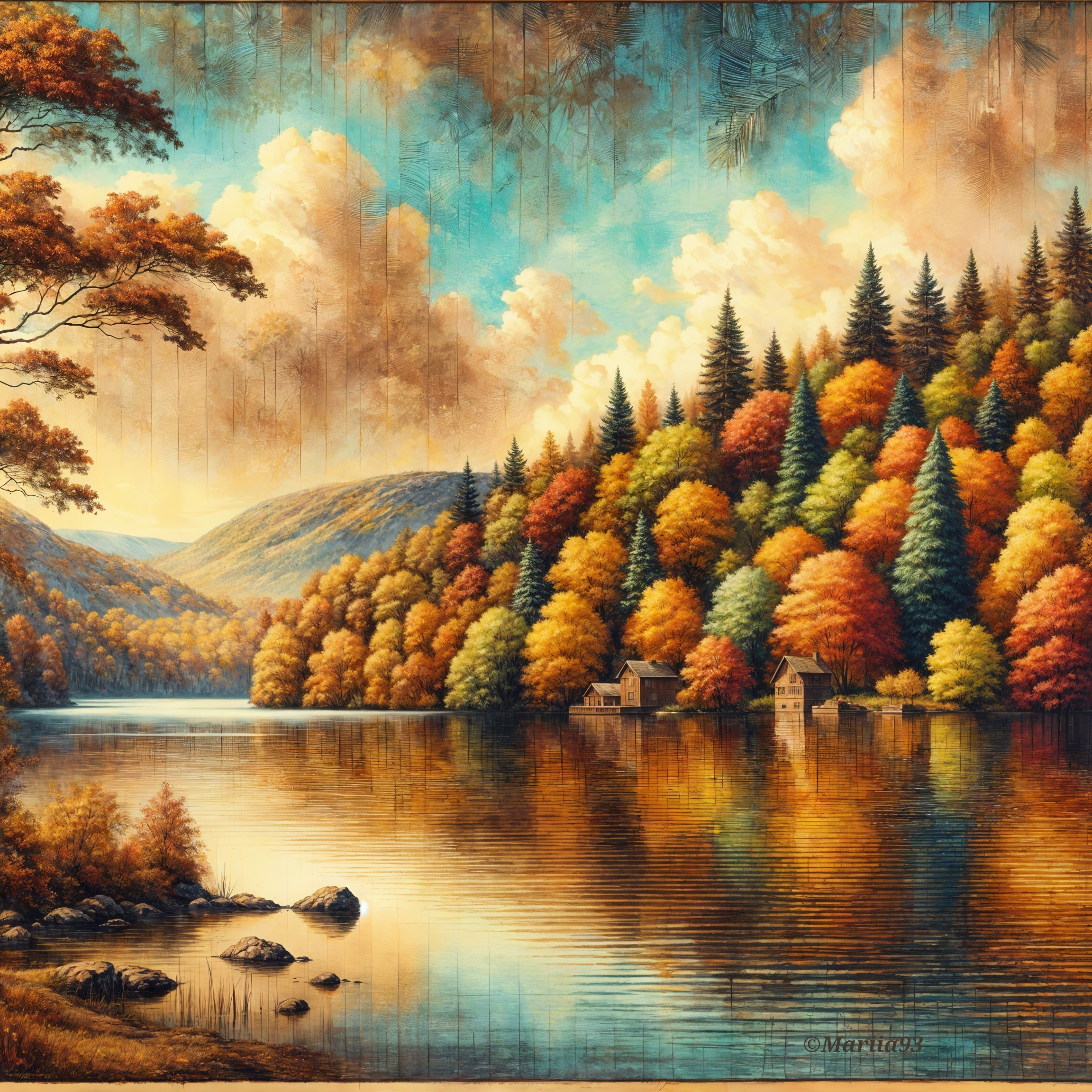 Autumn Landscape with Vibrant Foliage and Lake Reflection