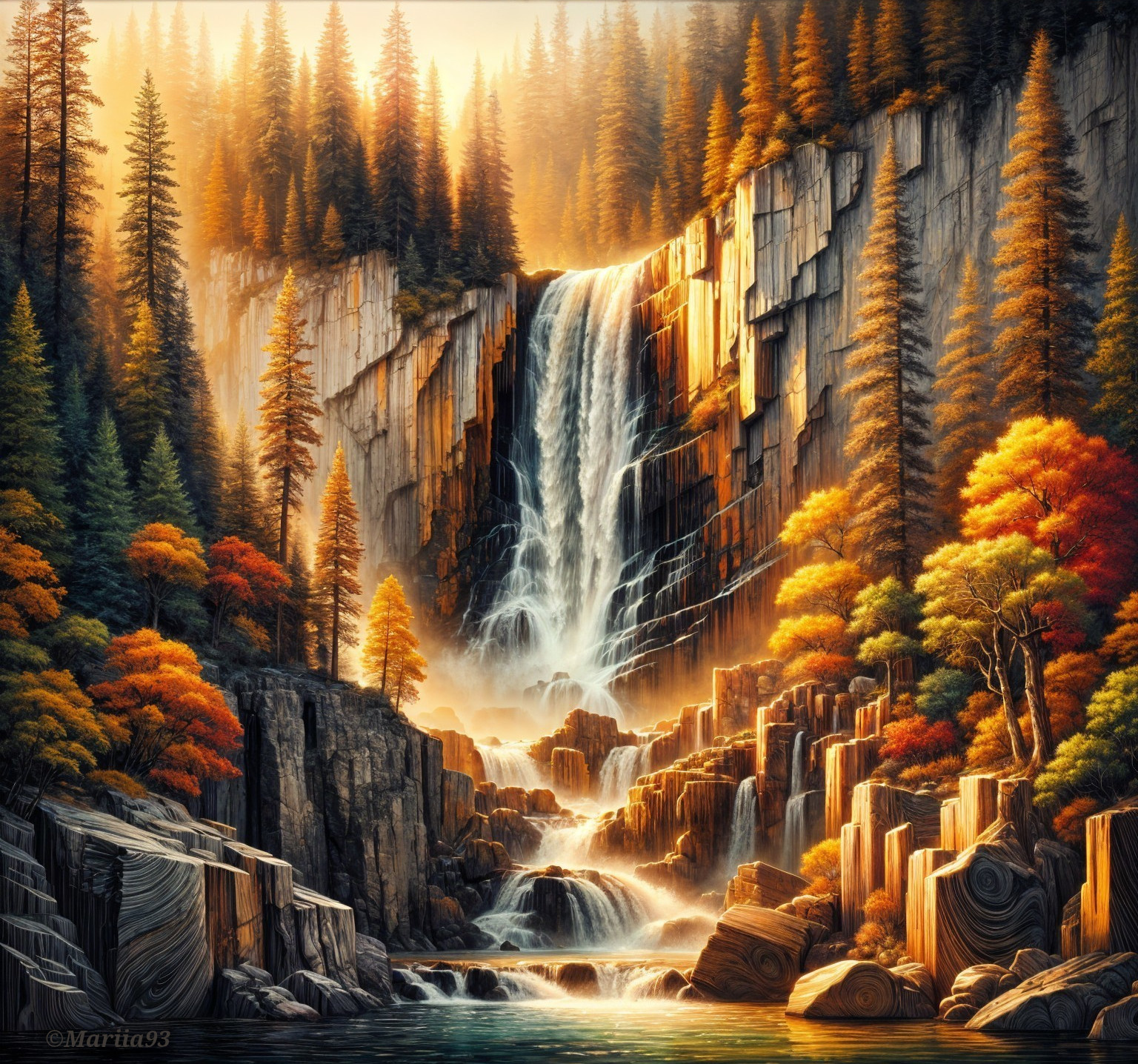 Majestic Waterfall in Vibrant Autumn Forest Landscape