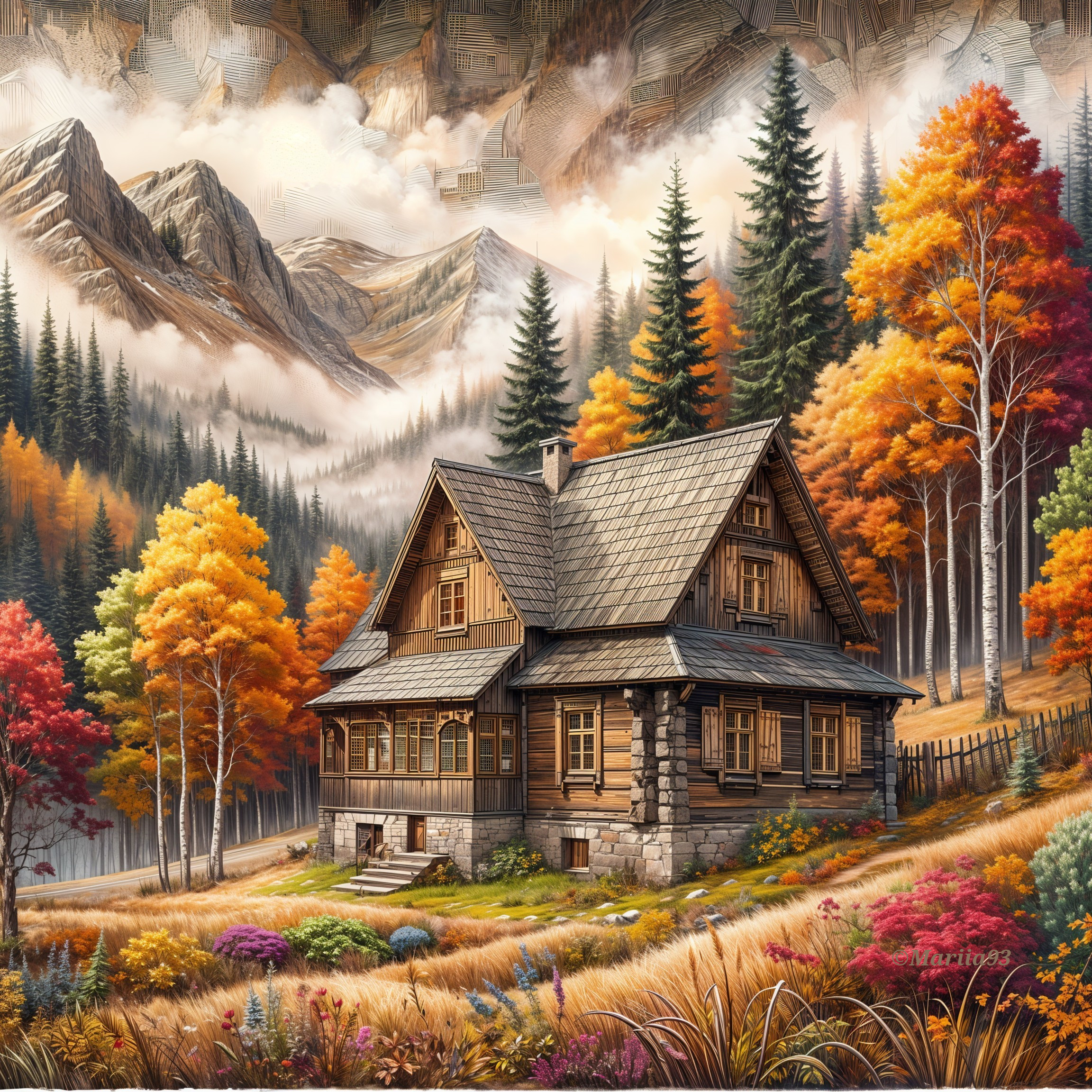Wooden Cottage Surrounded by Autumn Foliage and Mountains