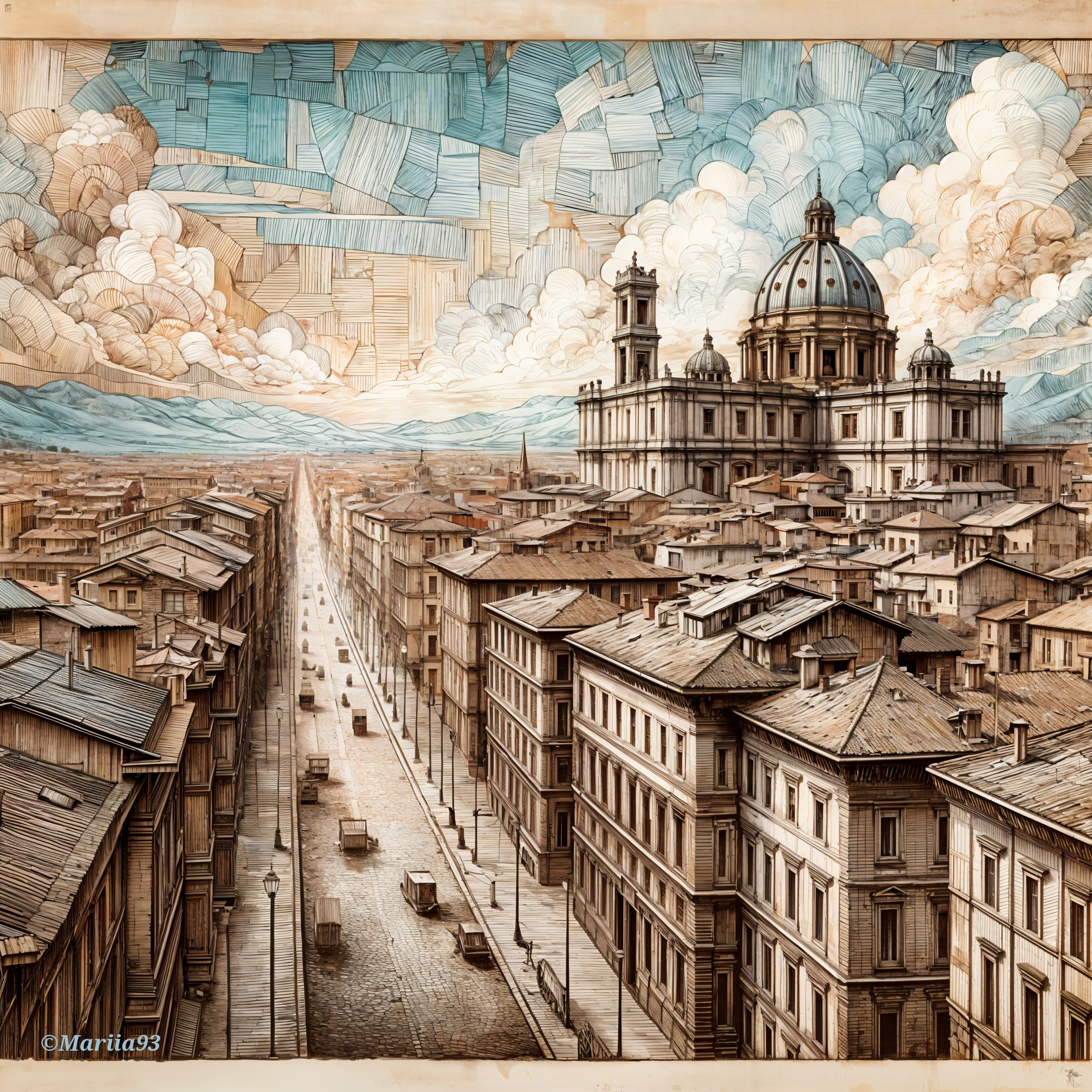 Detailed Cityscape with Cathedral and Vintage Cars