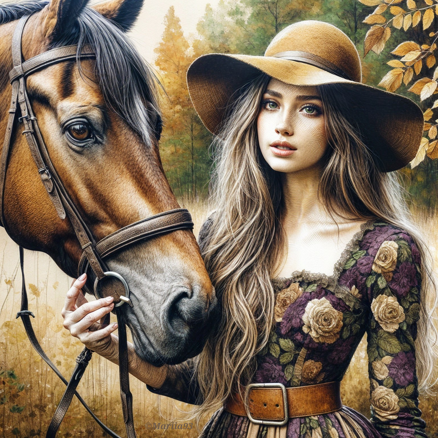 Young Woman with Horse in Autumn Foliage Setting