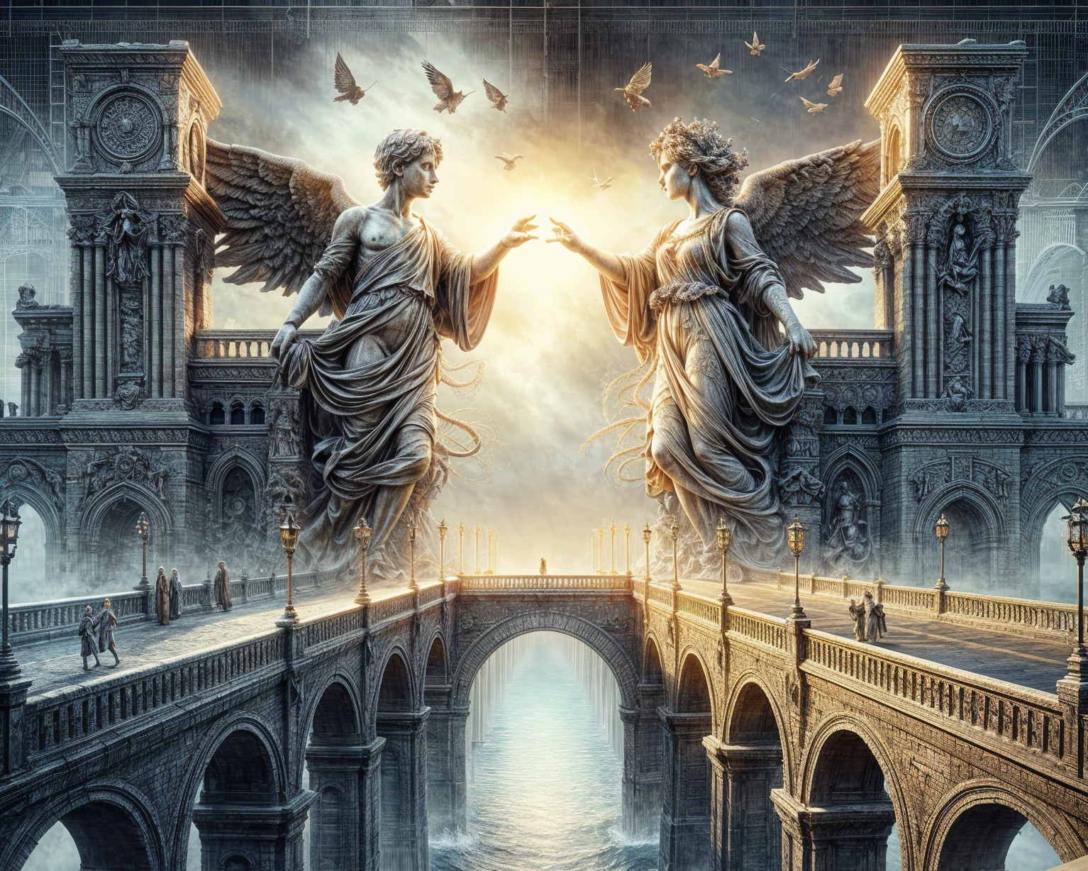 Angelic Figures on Ornate Bridge in Glowing Light