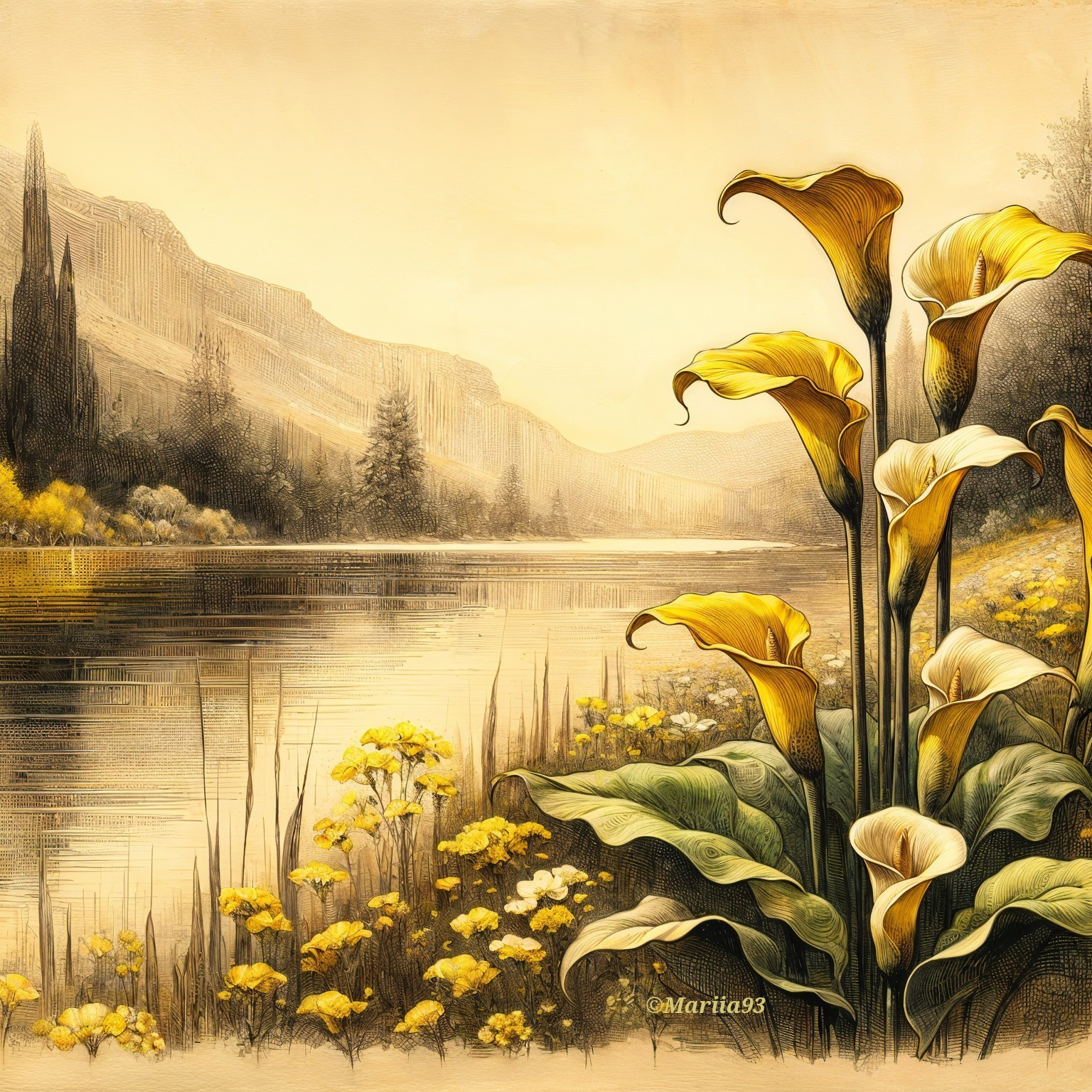 Tranquil River Landscape with Mountains and Wildflowers