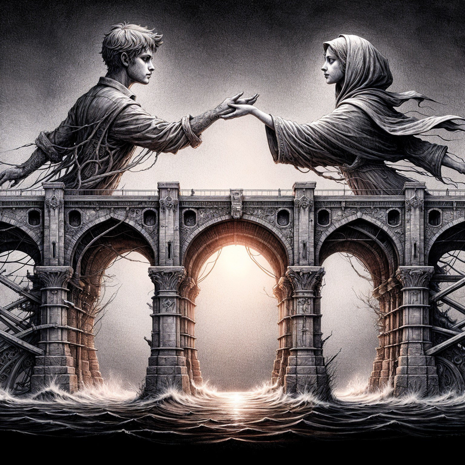 Figures on a bridge symbolize hope and connection
