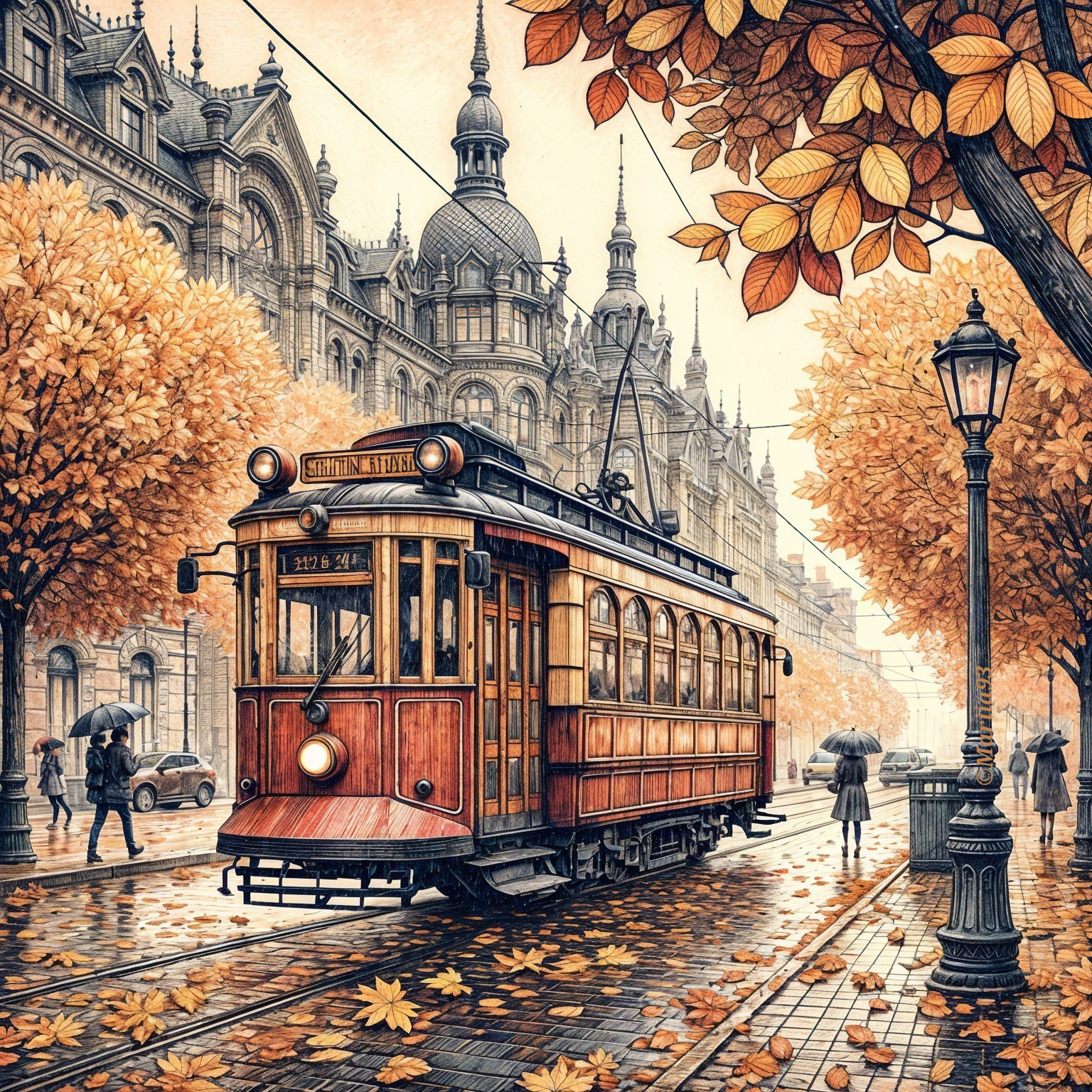 Vintage Tram in Autumnal City Street Scene