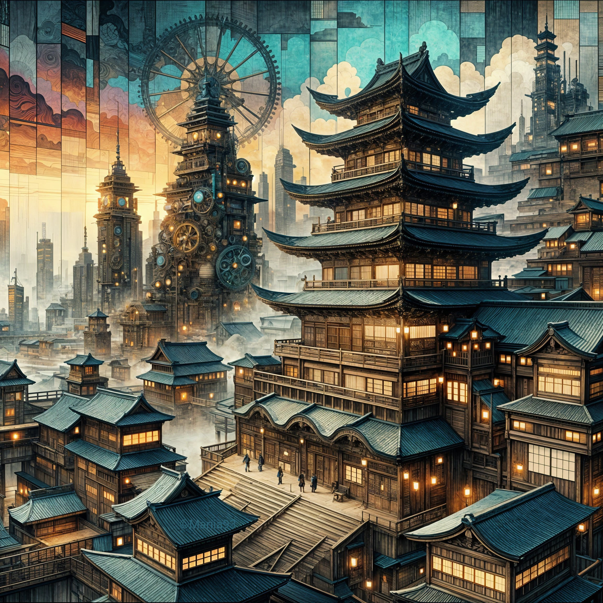 Futuristic Cityscape with Asian and Steampunk Elements