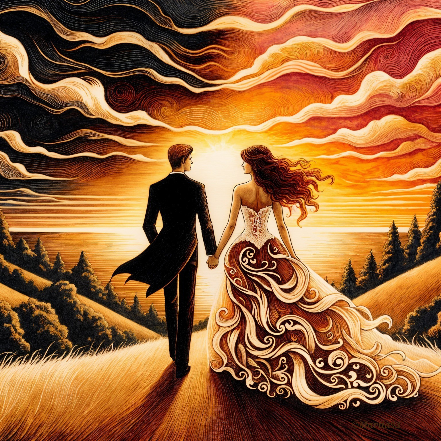 Couple Walking Hand in Hand Towards a Sunset