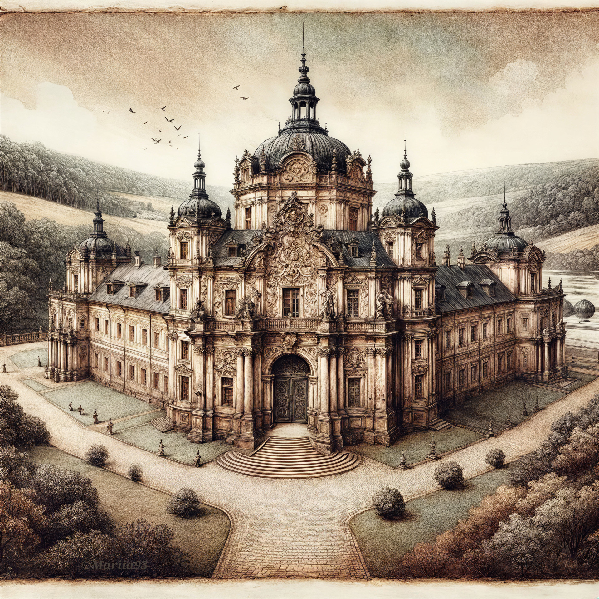 Ornate Grand Building Surrounded by Lush Greenery