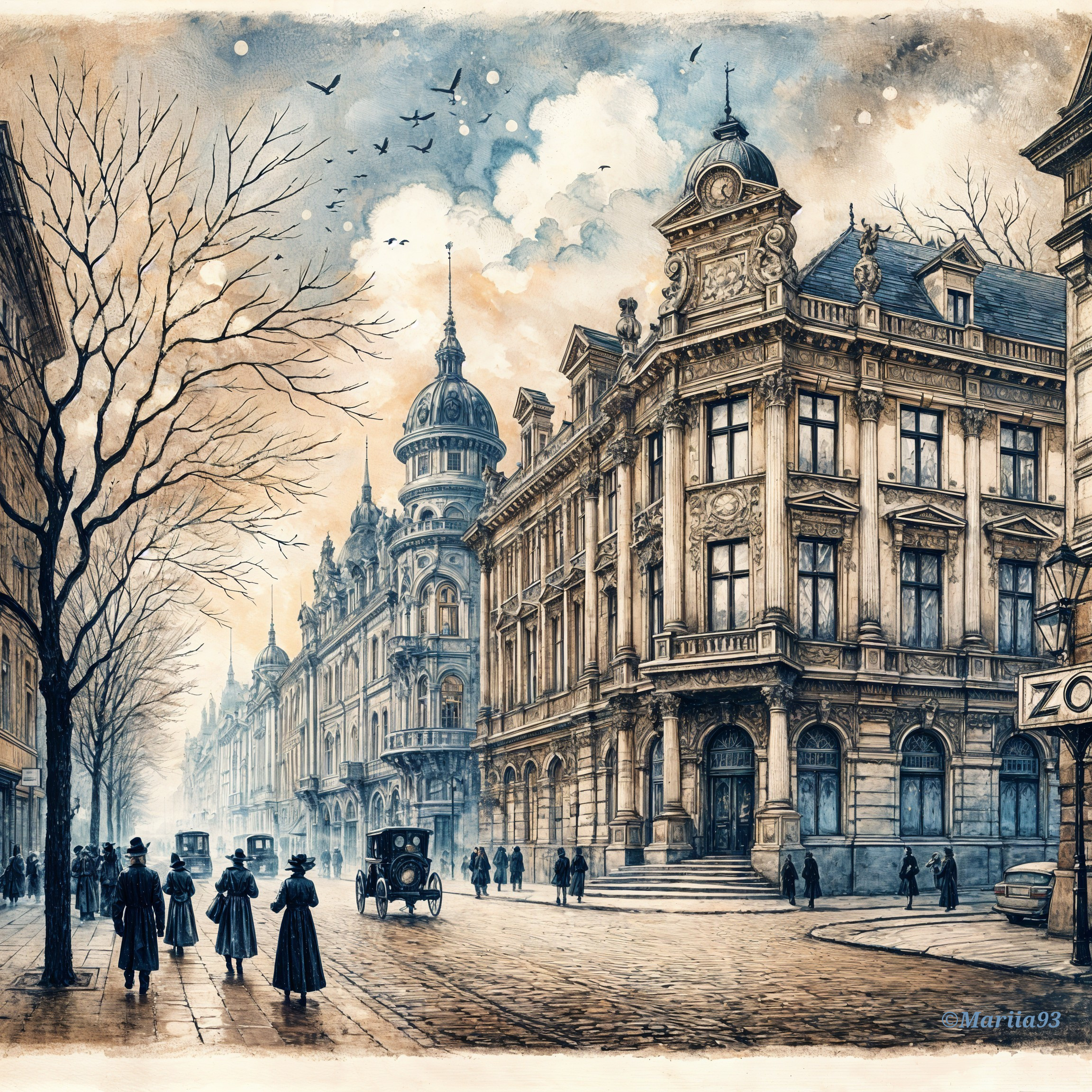 Historic Street Scene with Vintage Architecture and Carriages