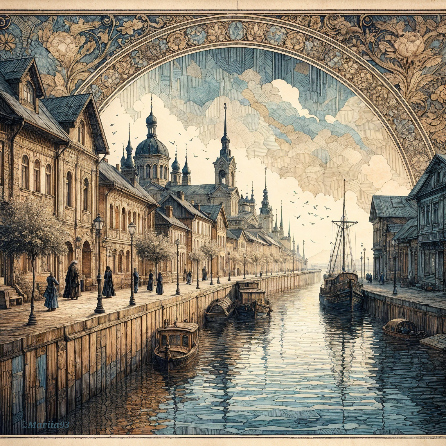 Serene Riverside Scene with Elegant Architecture