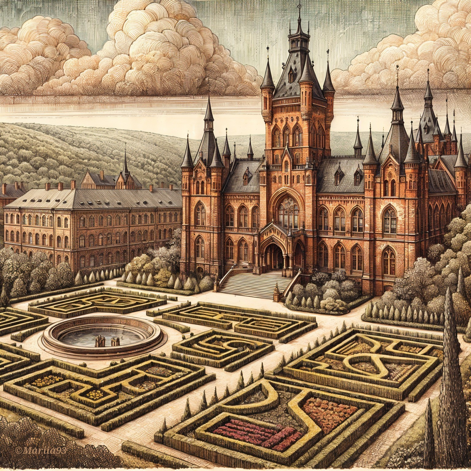 Majestic castle with spires and elegant garden design