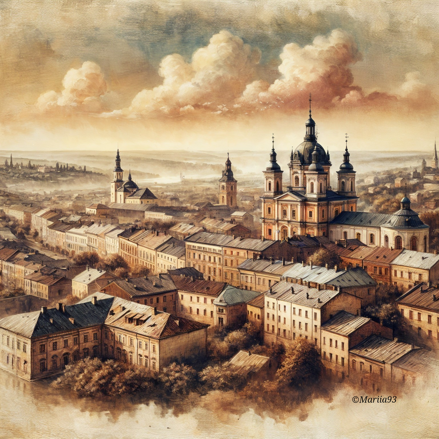 Picturesque Cityscape with Cathedral and Golden Light