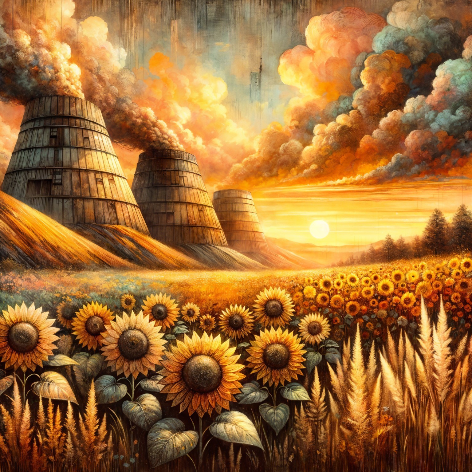 Surreal Landscape with Cooling Towers and Sunflowers
