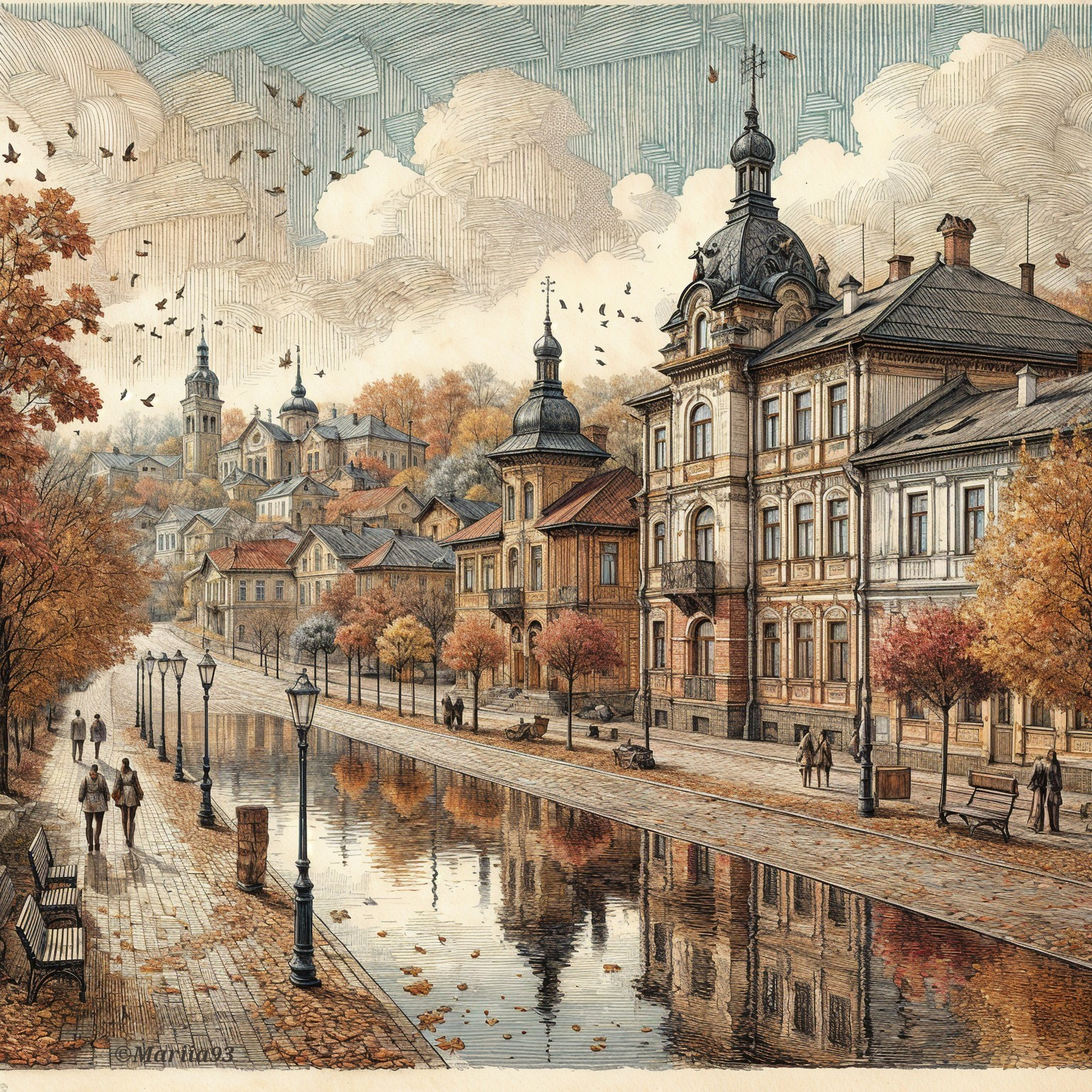 Autumn River Scene with Charming Town Architecture
