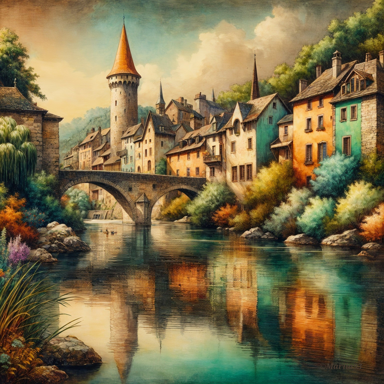 Picturesque village with stone bridge and castle view