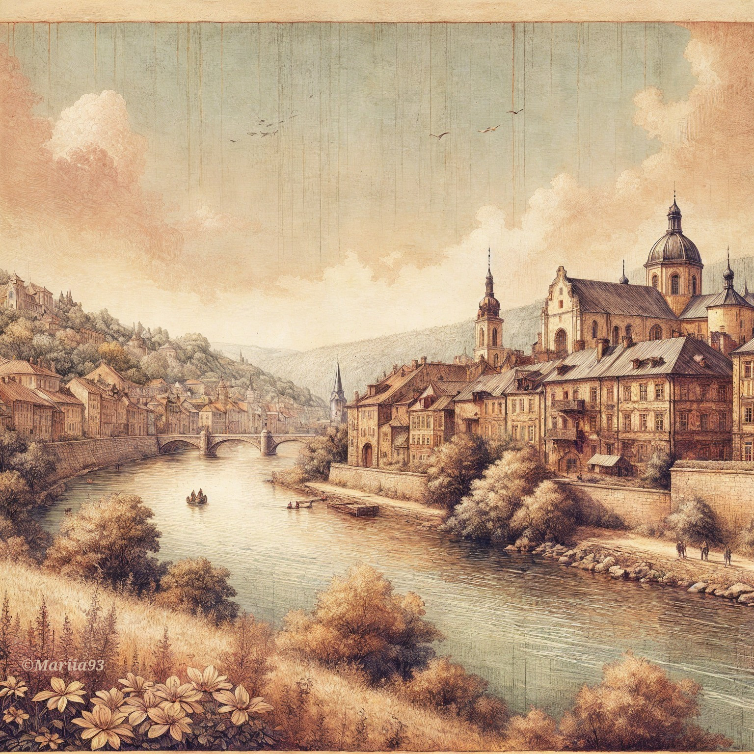 Serene Riverside Scene with Quaint Buildings and Nature