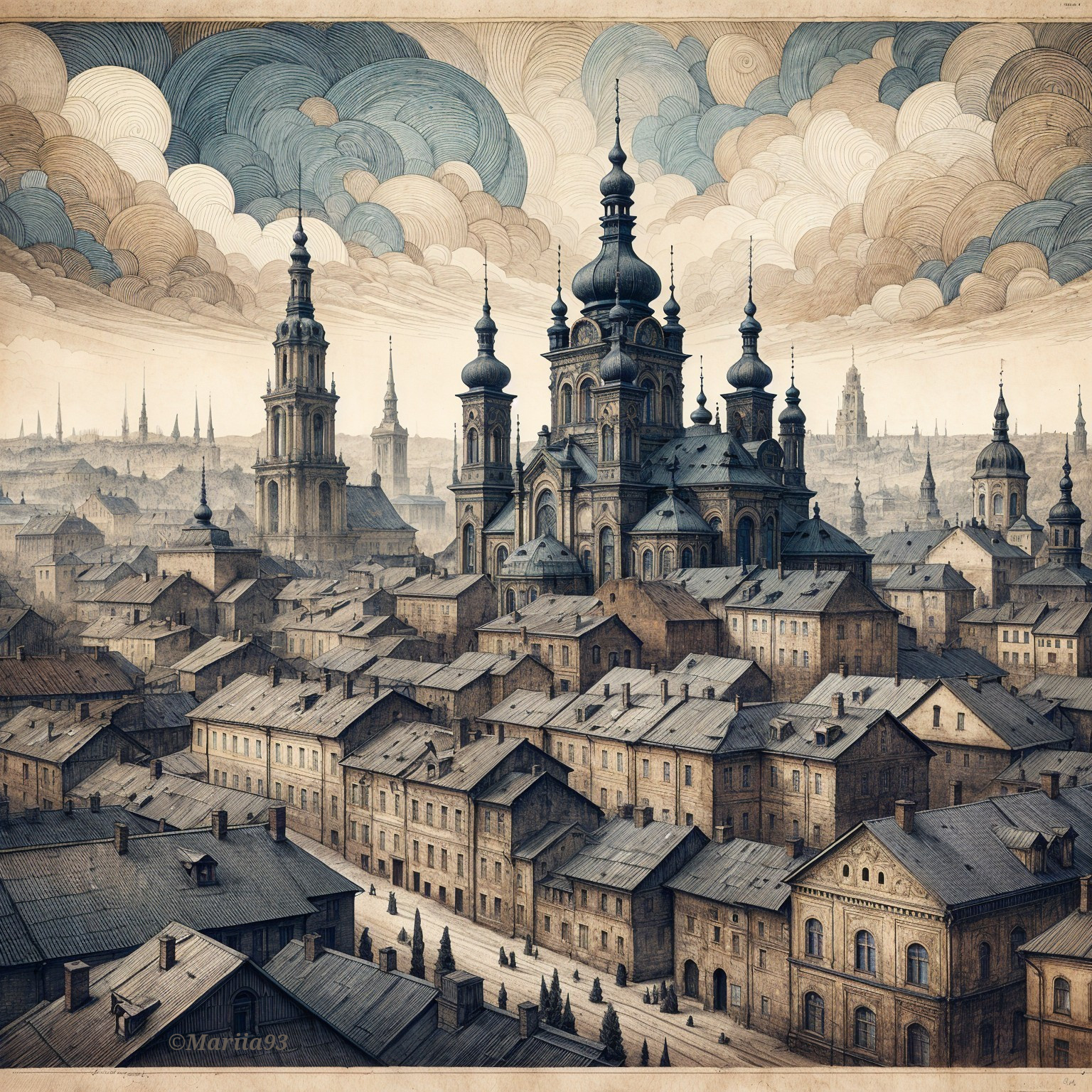 Intricate Cityscape with Domed and Spired Architecture