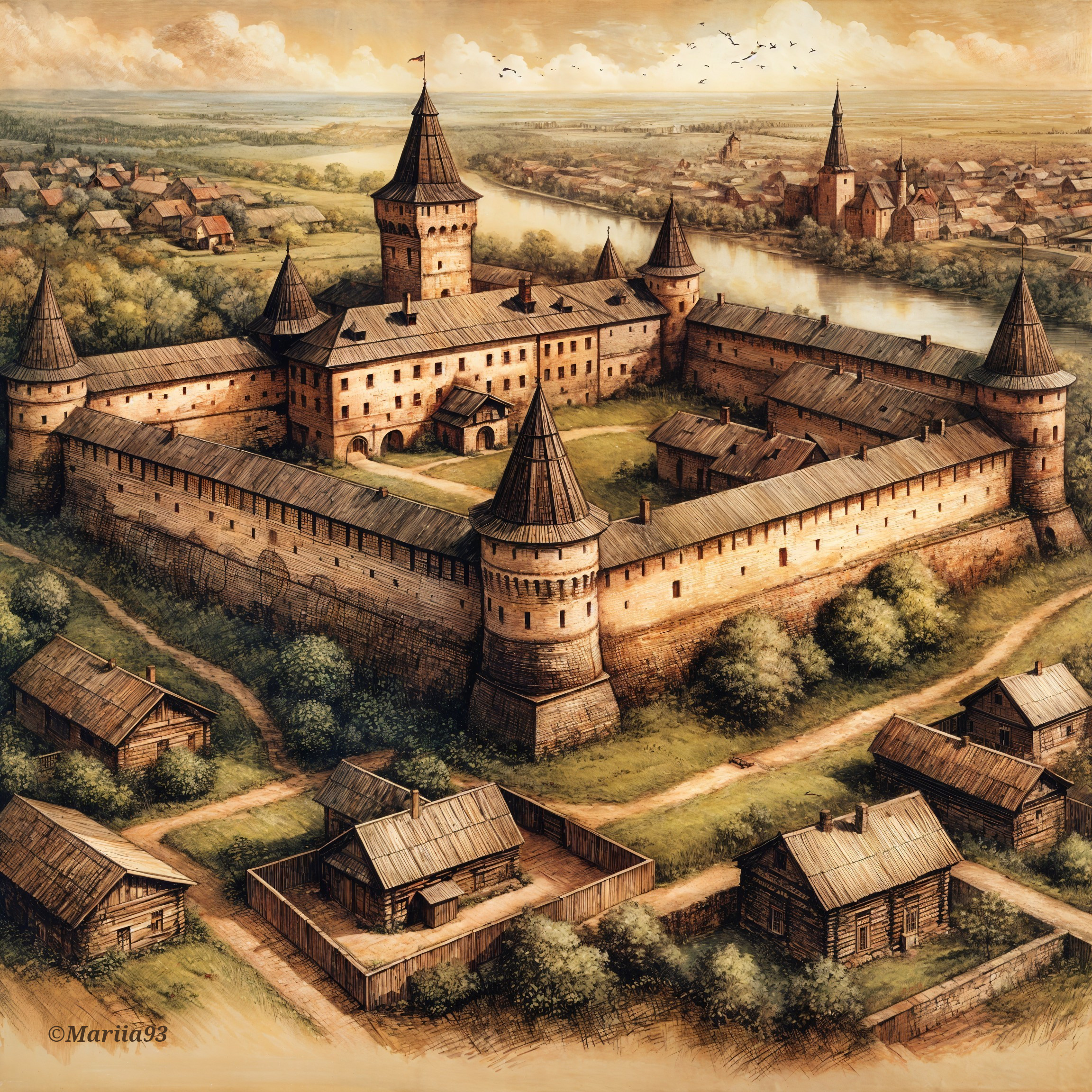 Medieval Fortress Surrounded by Lush Landscape