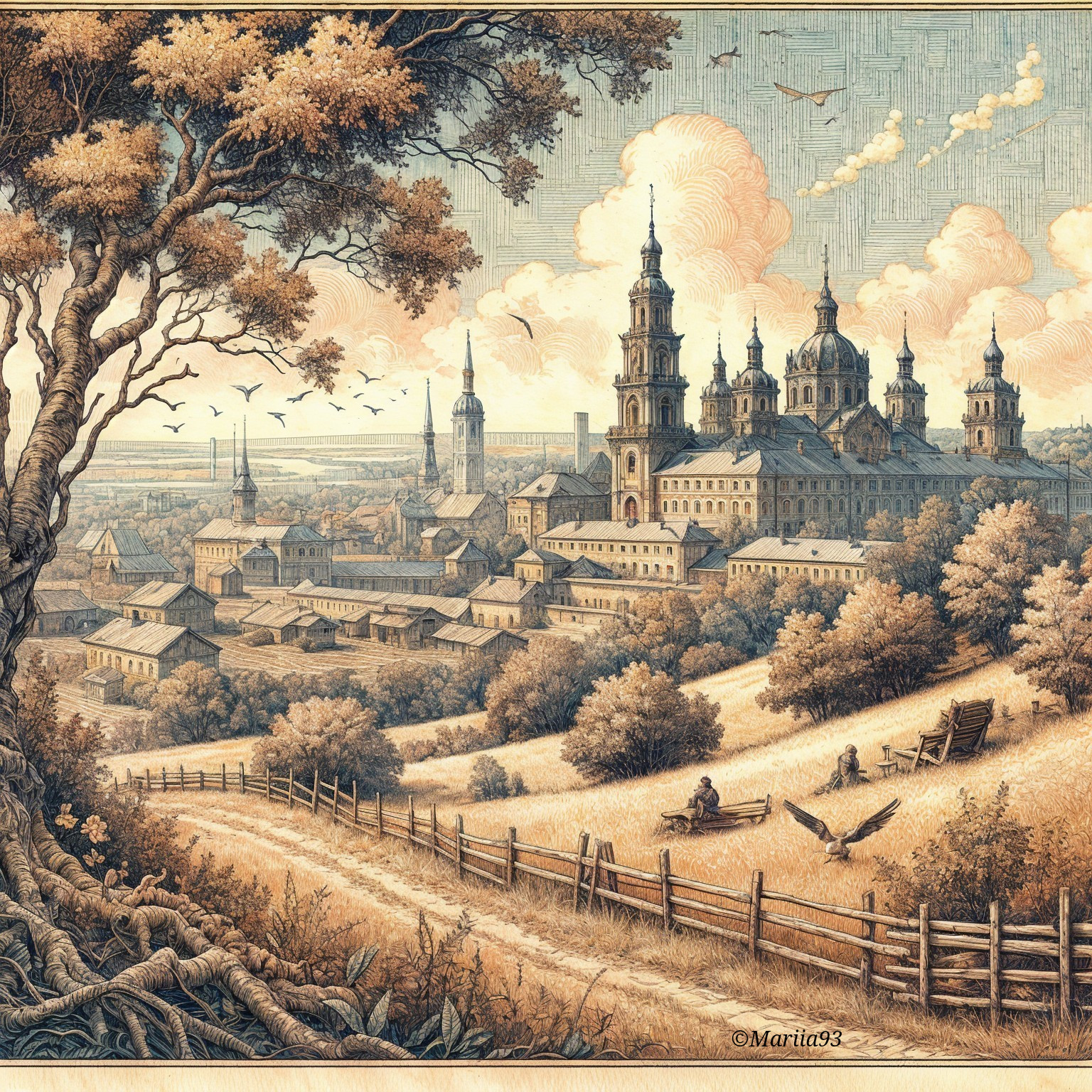 Quaint Village Landscape with Church Spires and Hills