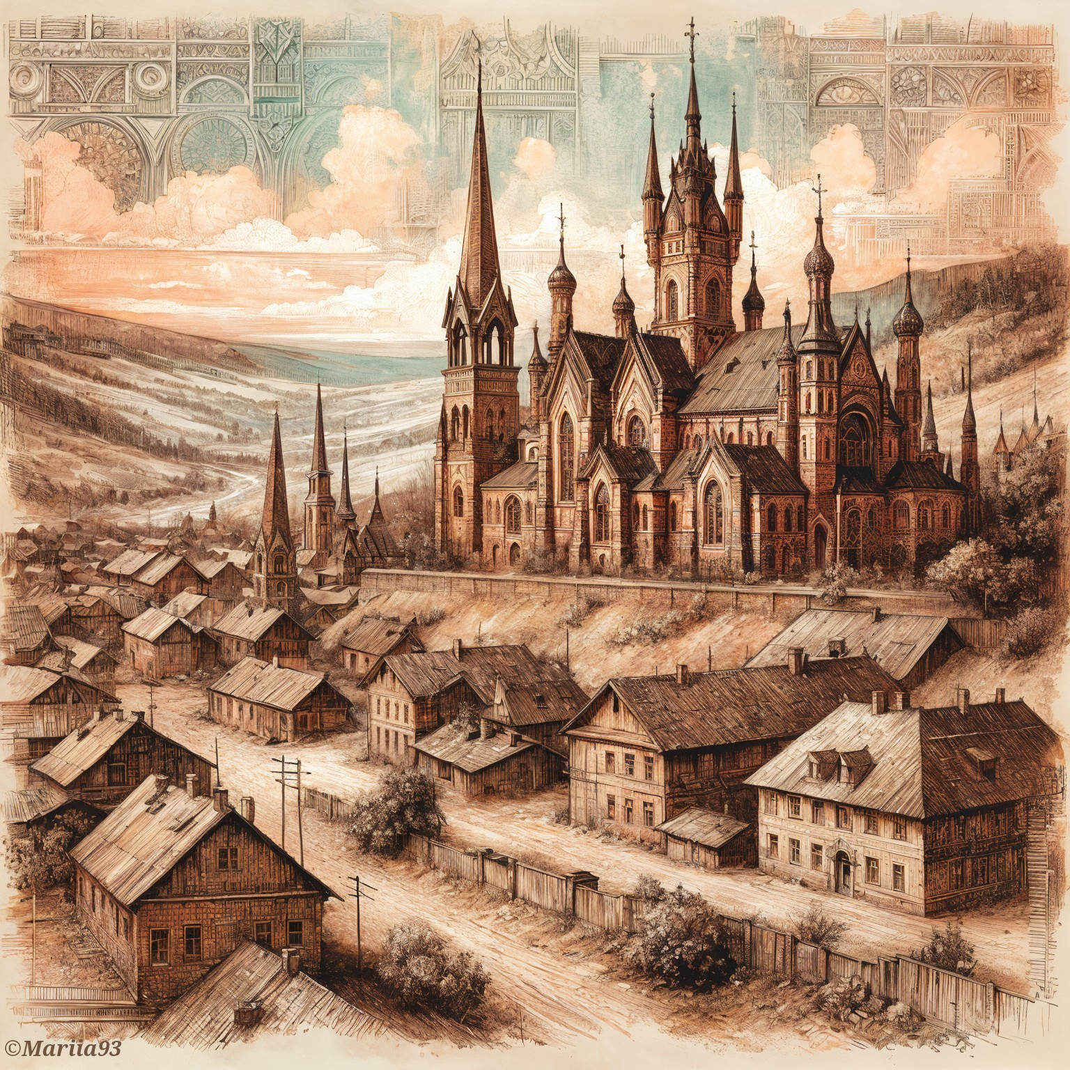 Serene Historical Village Scene with Church and Houses