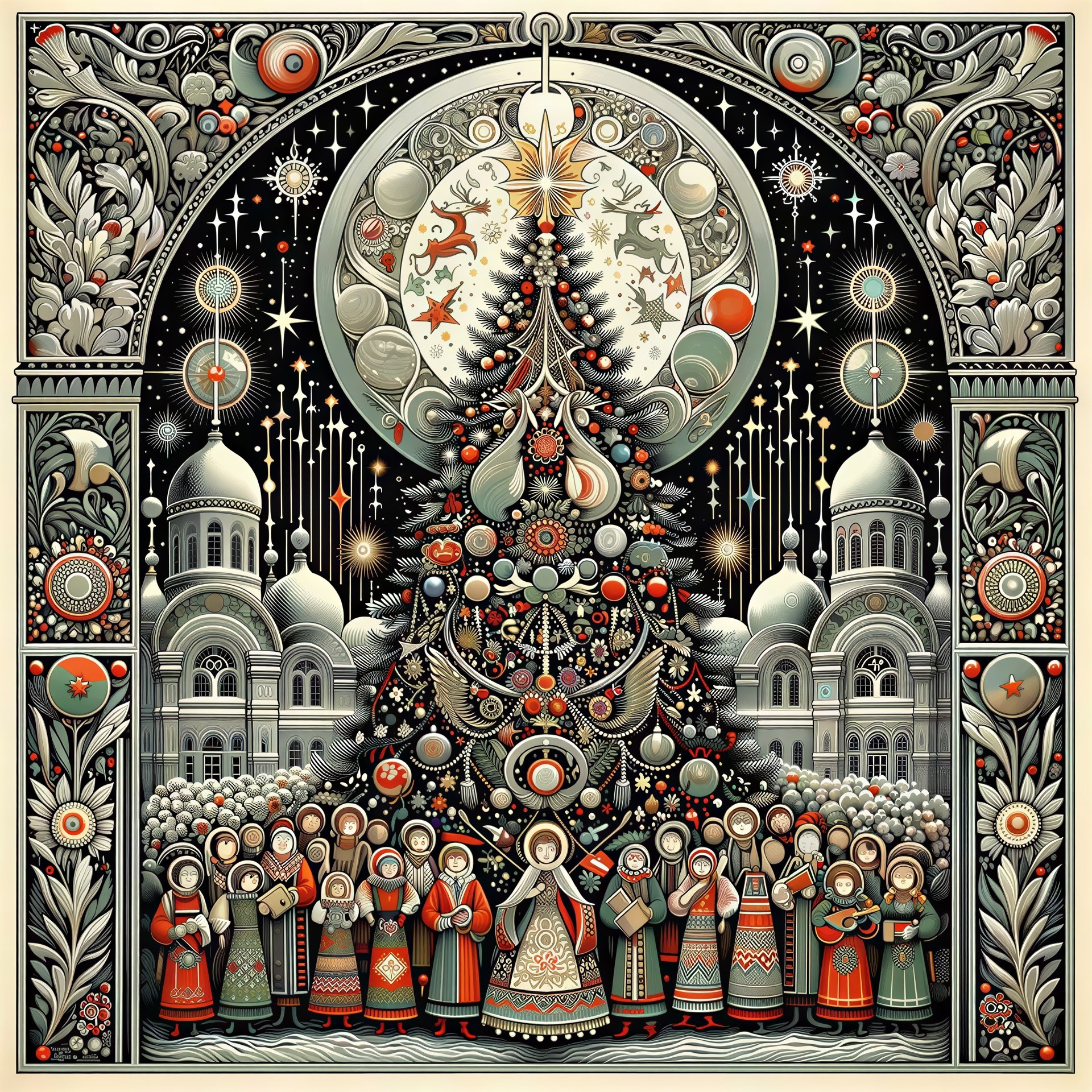 Intricate Folk Art Illustration of Christmas Scene