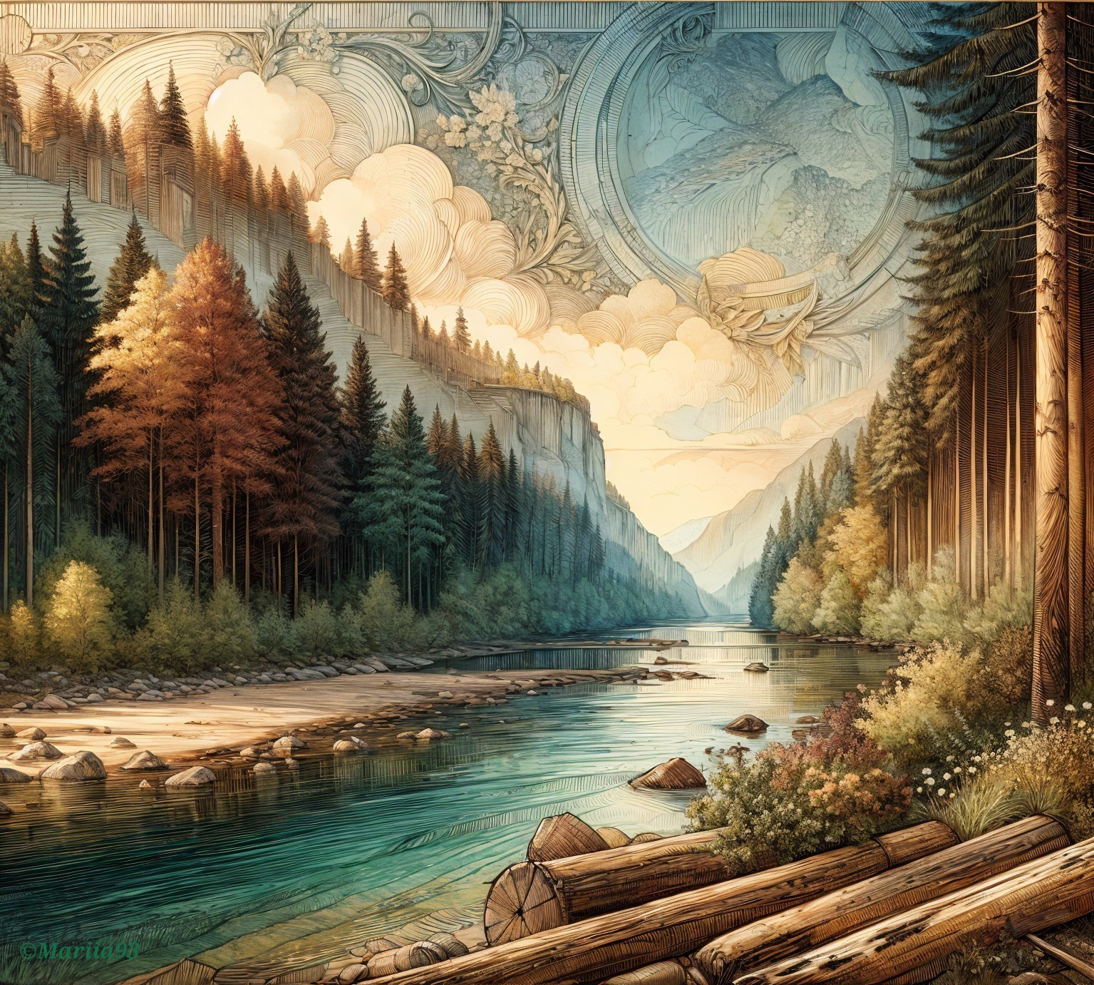 Tranquil River in Lush Forest with Autumn Colors