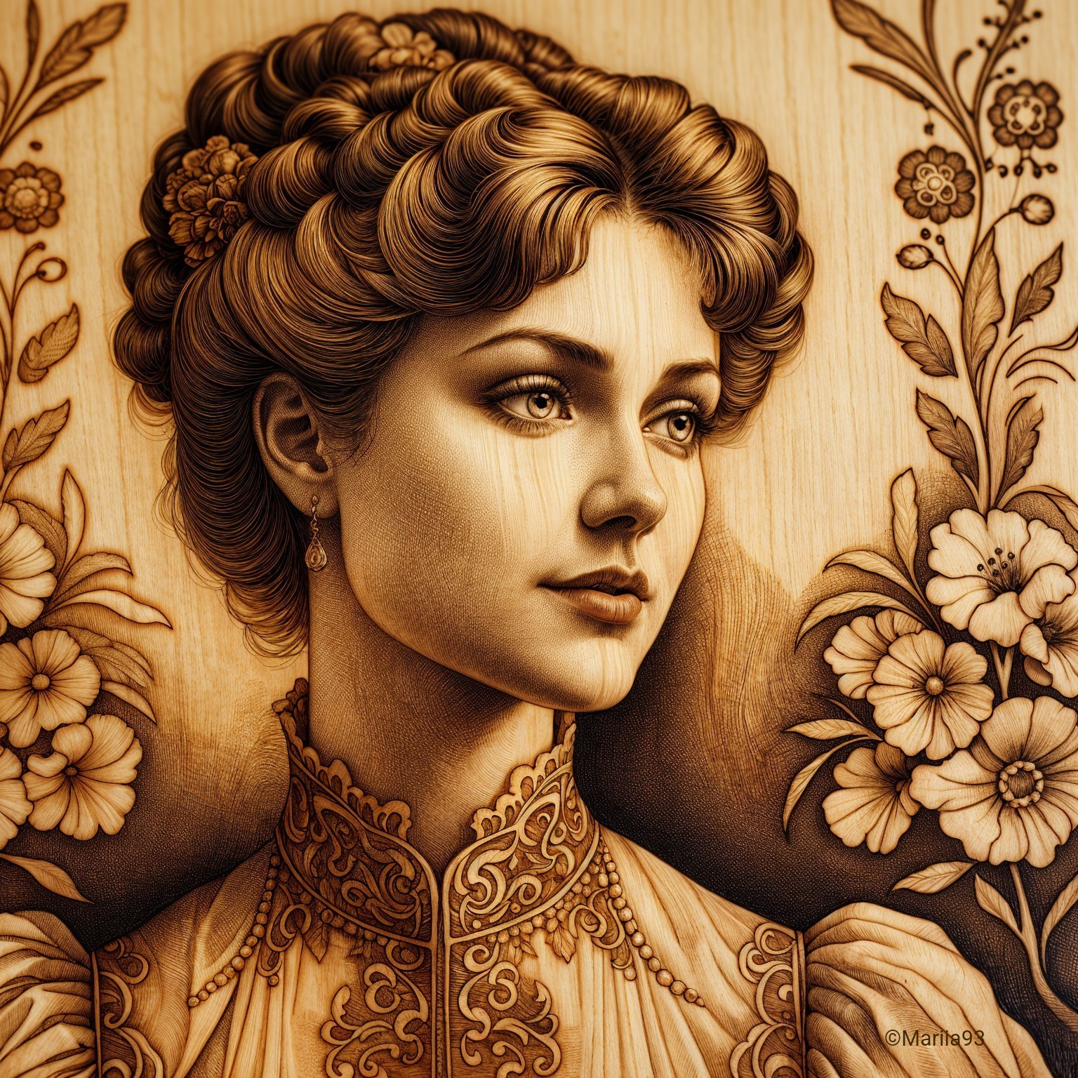 Wood Engraving of Young Woman with Floral Accents