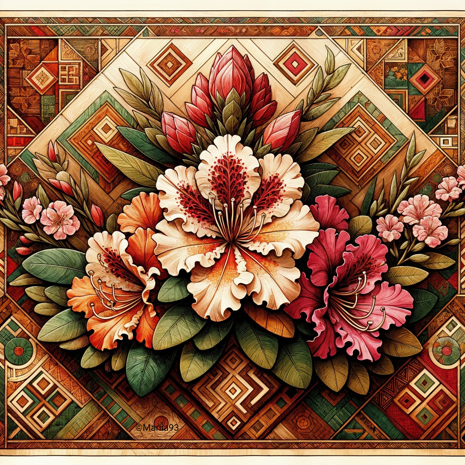 Intricate Floral Composition with Vibrant Blossoms