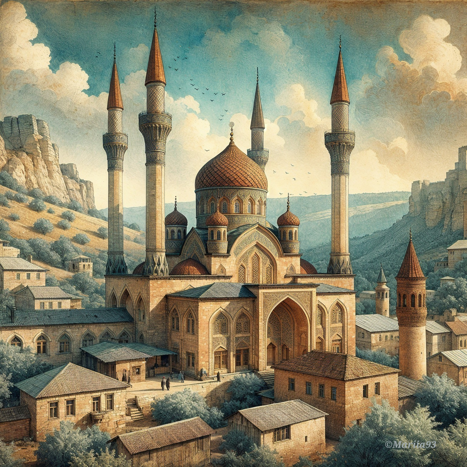 Majestic mosque with minarets in serene landscape