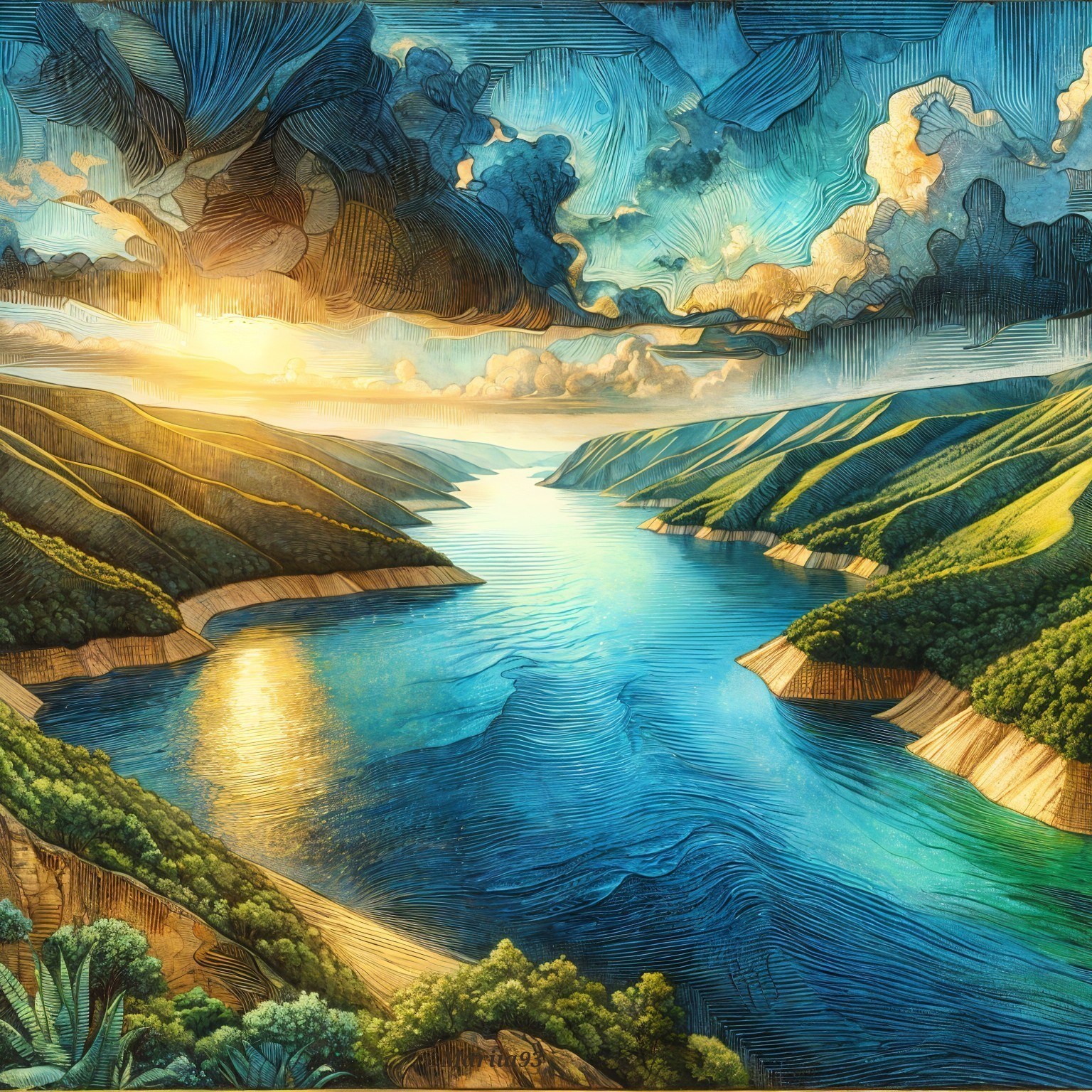 Tranquil River Landscape with Sunset and Hills